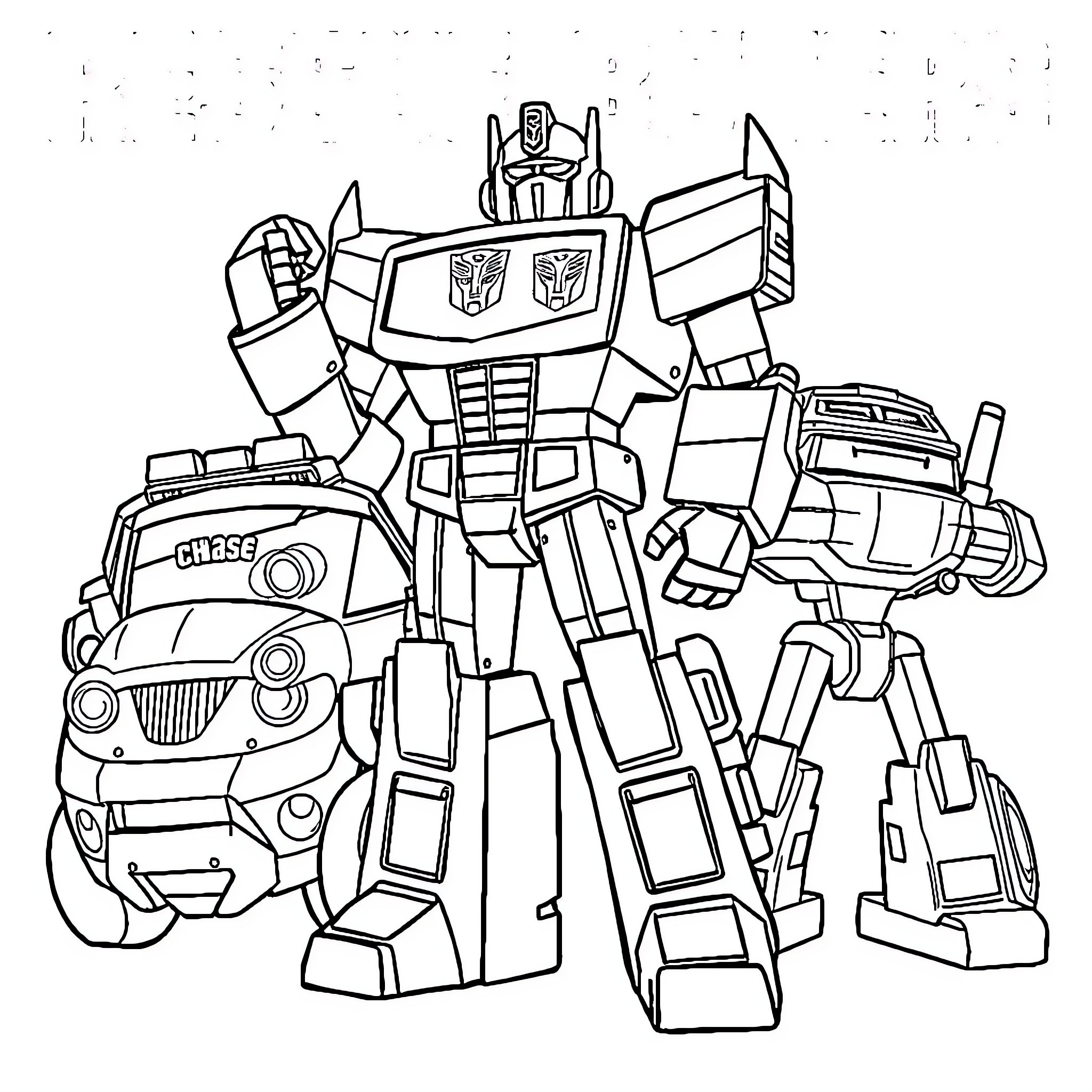 Optimus Prime leading a team of Transformers Coloring Page (free black-and-white line drawing printable PDF for all, from beginners to advanced learners, including children, teens, adults, and seniors)