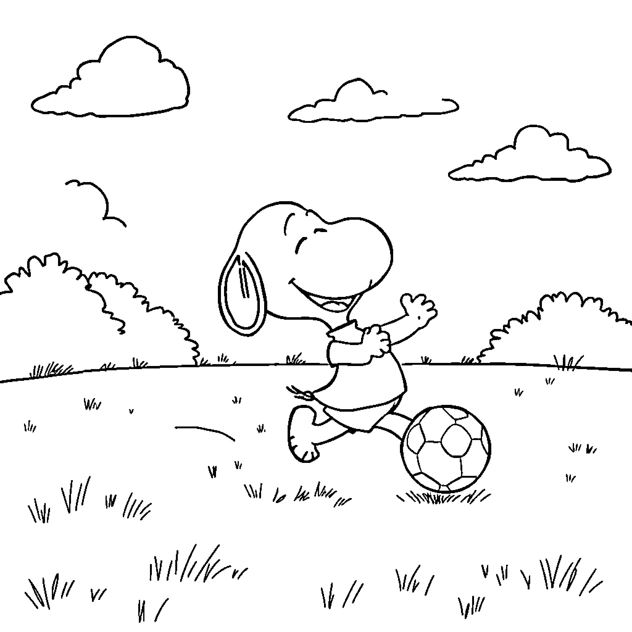 Snoopy playing soccer in the park Coloring Page (free black-and-white line drawing printable PDF for all, from beginners to advanced learners, including children, teens, adults, and seniors)