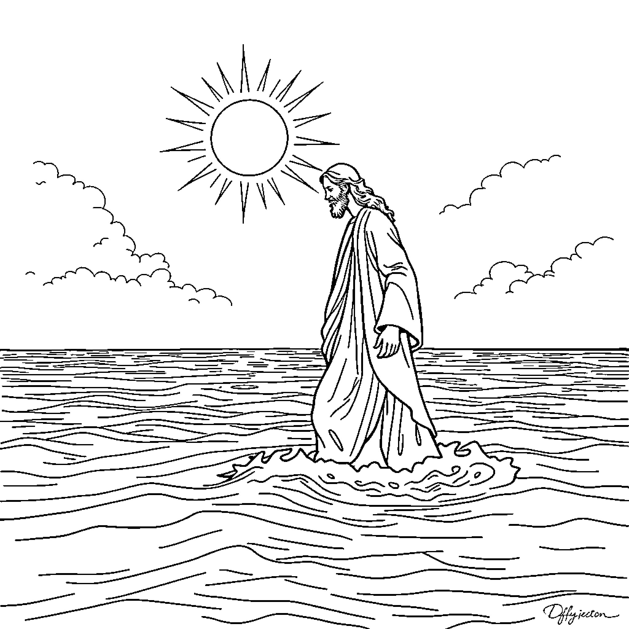 Jesus walking on the waters Coloring Page (free black-and-white line drawing printable PDF for all, from beginners to advanced learners, including children, teens, adults, and seniors)