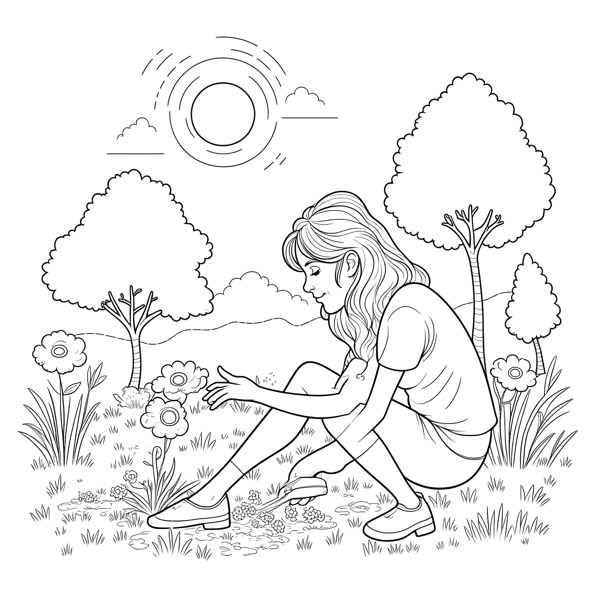 Lady enjoying nature's beauty in a serene outdoor scene Coloring Page (free black-and-white line drawing printable PDF for all, from beginners to advanced learners, including children, teens, adults, and seniors)