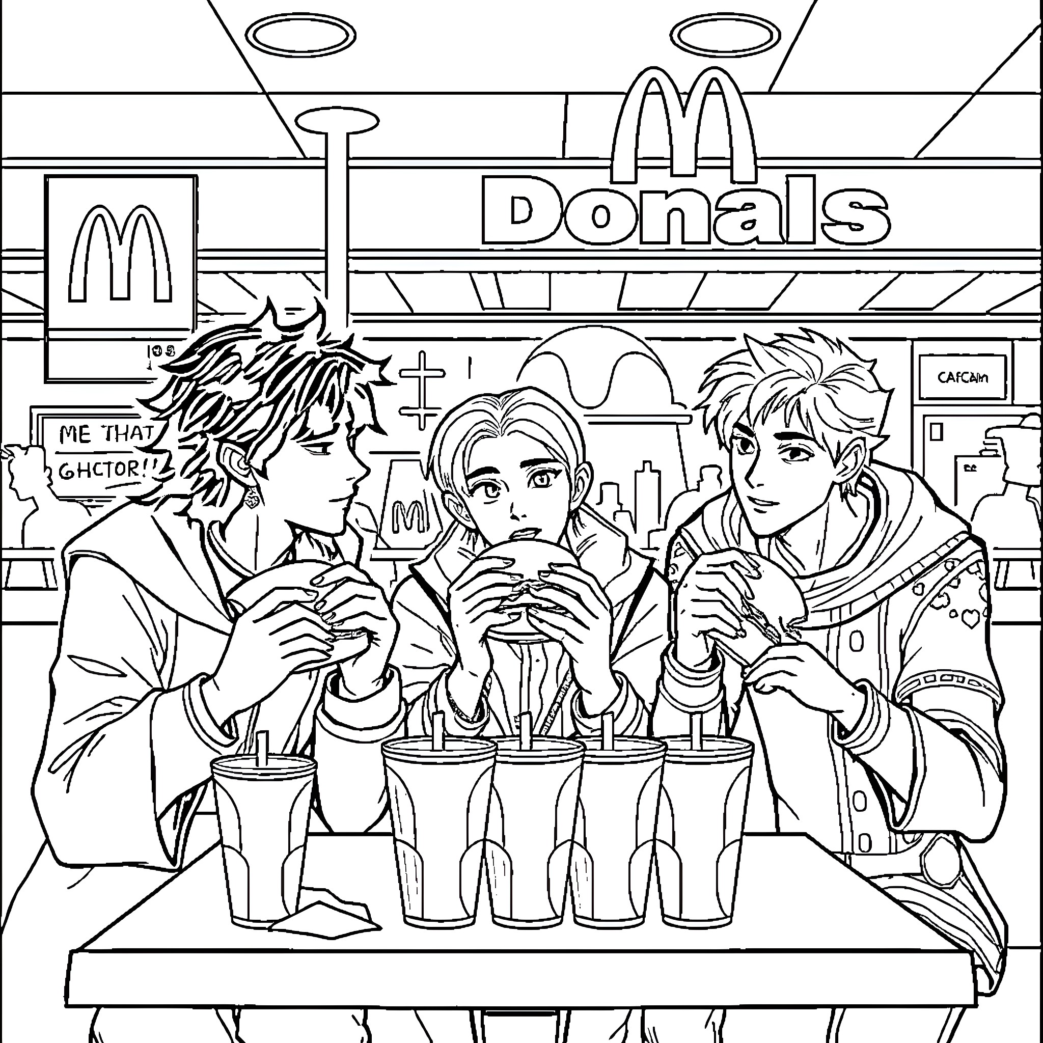 Rhysand and friends enjoying drinks at Donals Coloring Page (free black-and-white line drawing printable PDF for all, from beginners to advanced learners, including children, teens, adults, and seniors)