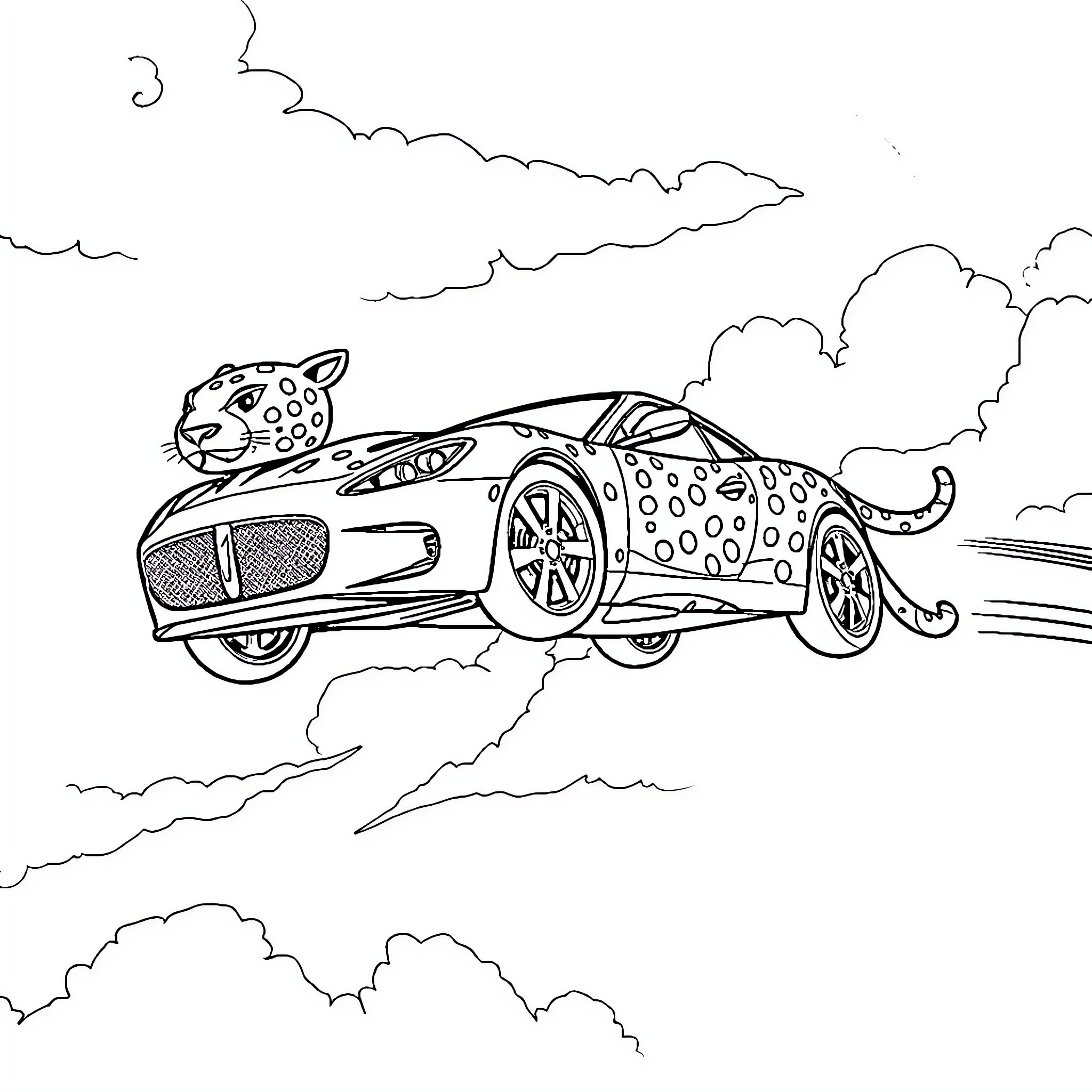 Flying Jaguar racing through the clouds Coloring Page (free black-and-white line drawing printable PDF for all, from beginners to advanced learners, including children, teens, adults, and seniors)