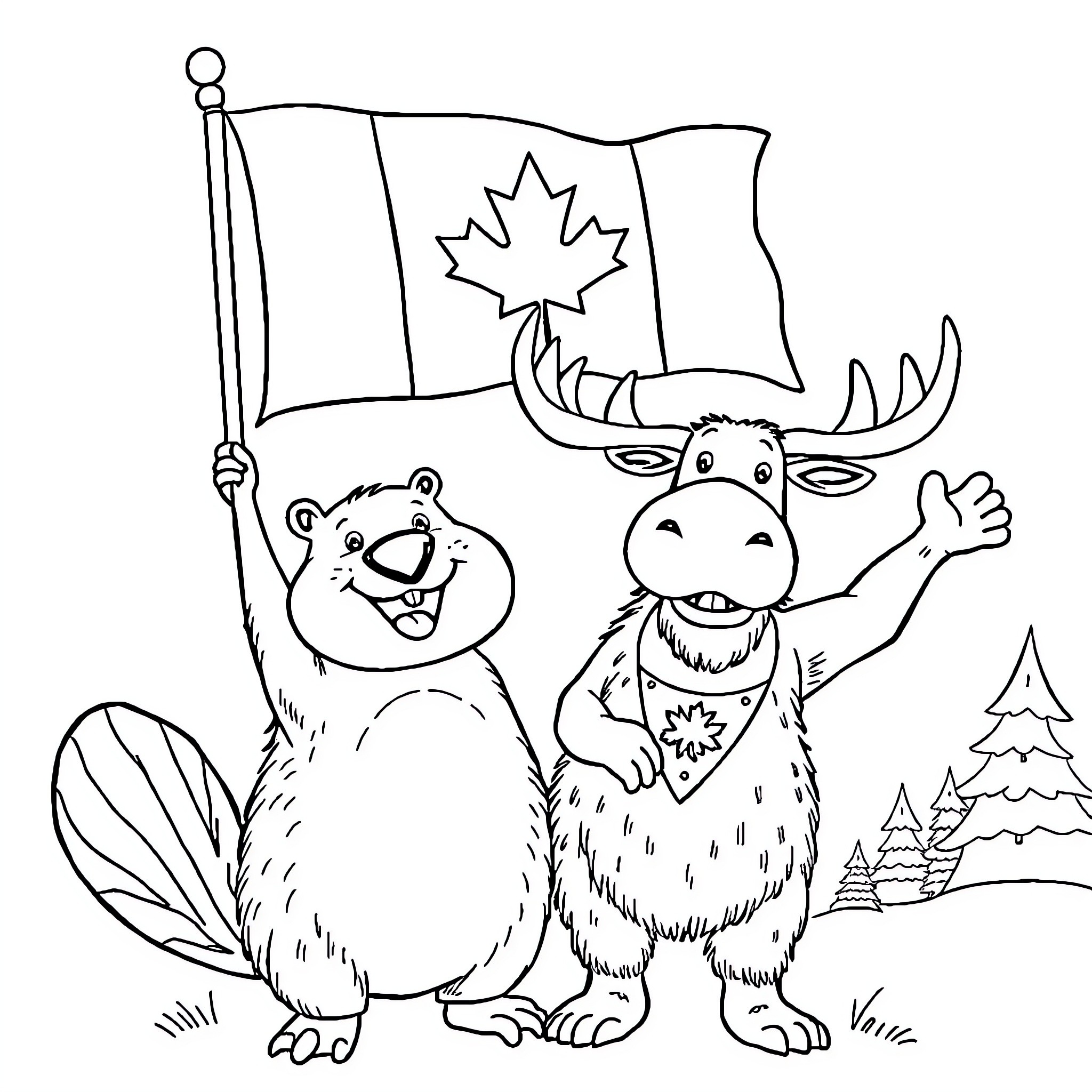 Beaver and Moose Waving Canadian Flag Coloring Page (free black-and-white line drawing printable PDF for all, from beginners to advanced learners, including children, teens, adults, and seniors)