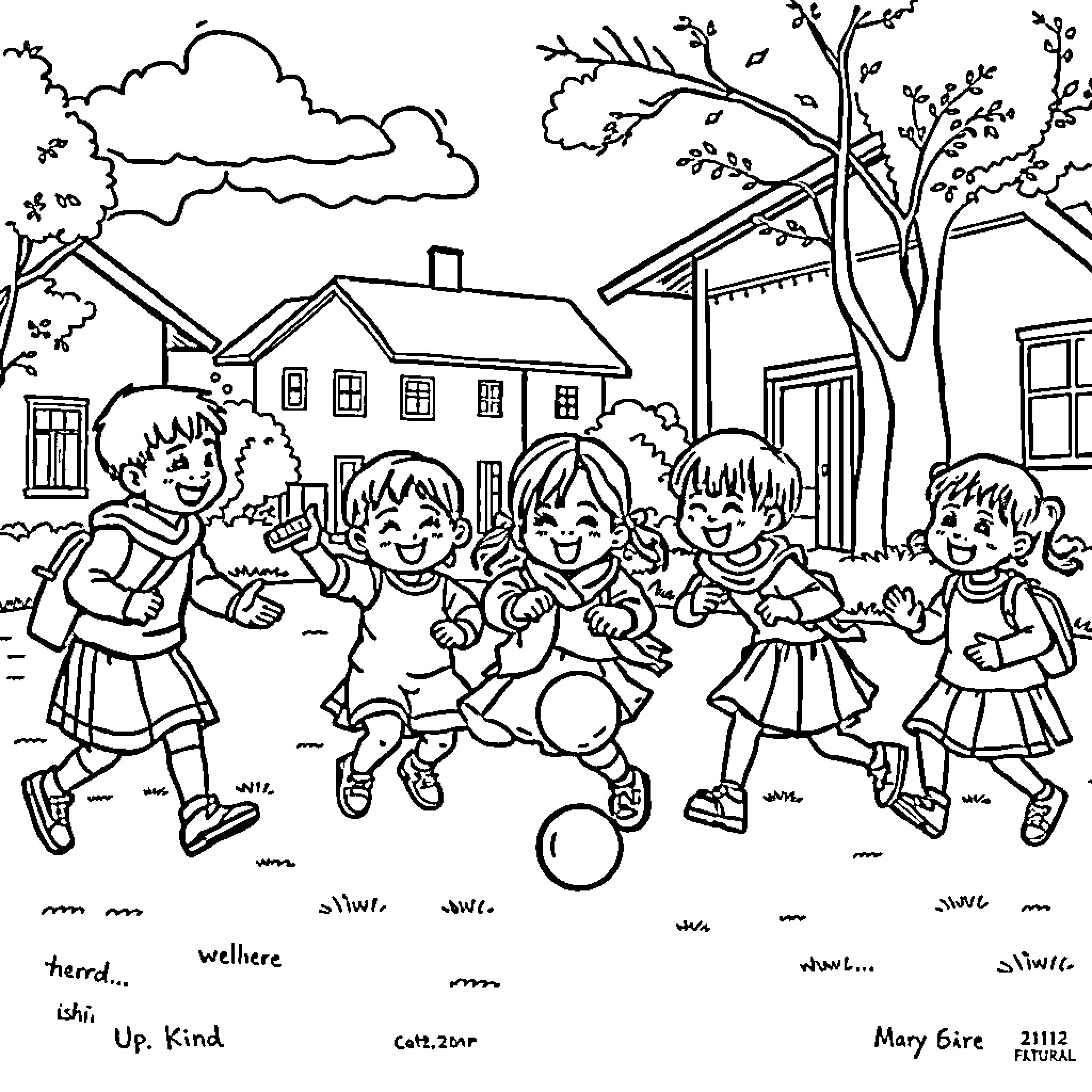 Child playing joyfully in neighborhood Coloring Page (free black-and-white line drawing printable PDF for all, from beginners to advanced learners, including children, teens, adults, and seniors)