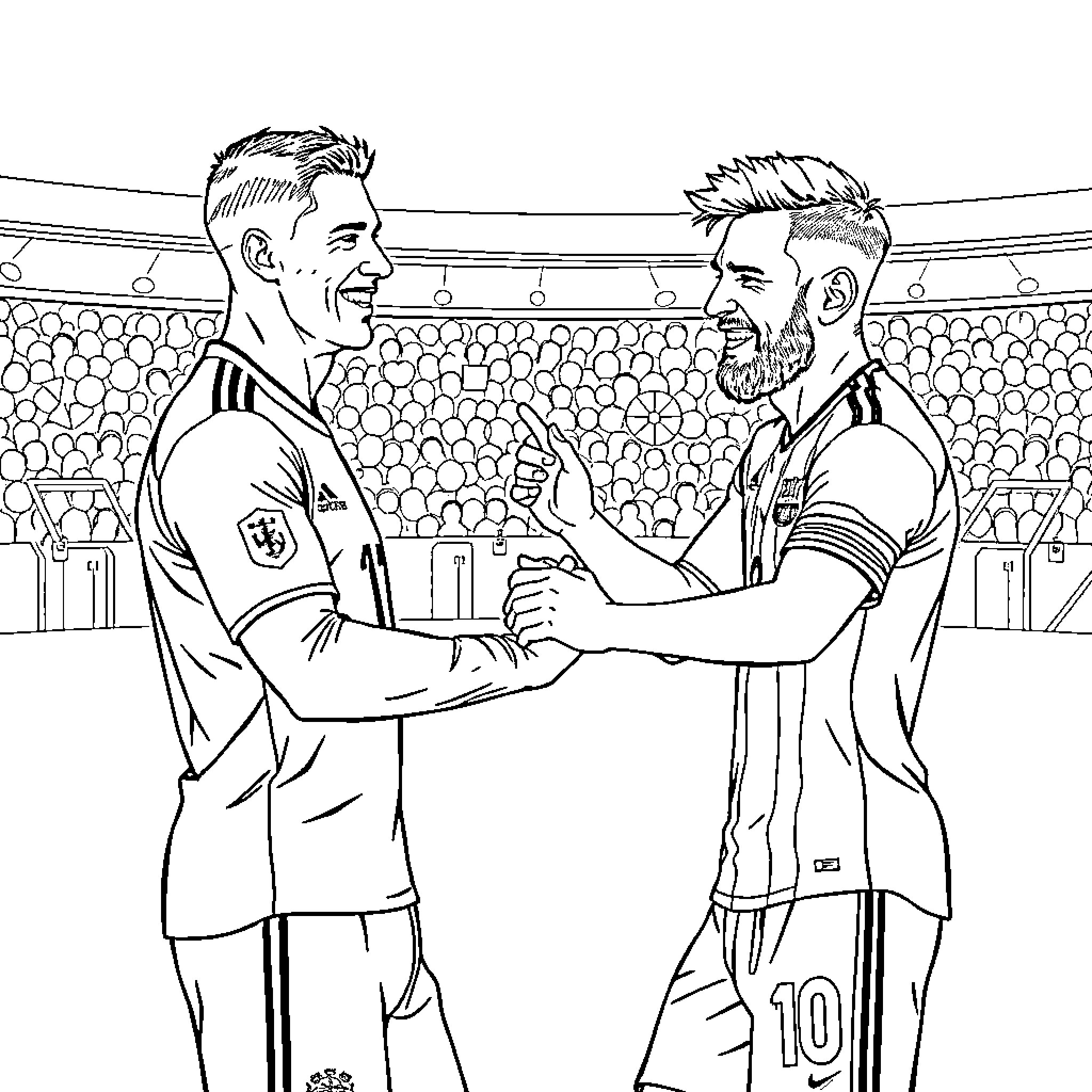 Ronaldo and opponent shaking hands on the field Coloring Page (free black-and-white line drawing printable PDF for all, from beginners to advanced learners, including children, teens, adults, and seniors)
