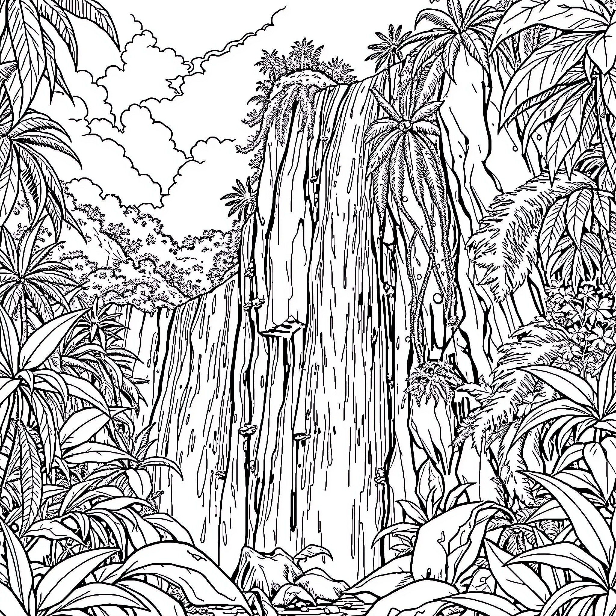 Waterfall in a lush tropical jungle landscape Coloring Page (free black-and-white line drawing printable PDF for all, from beginners to advanced learners, including children, teens, adults, and seniors)