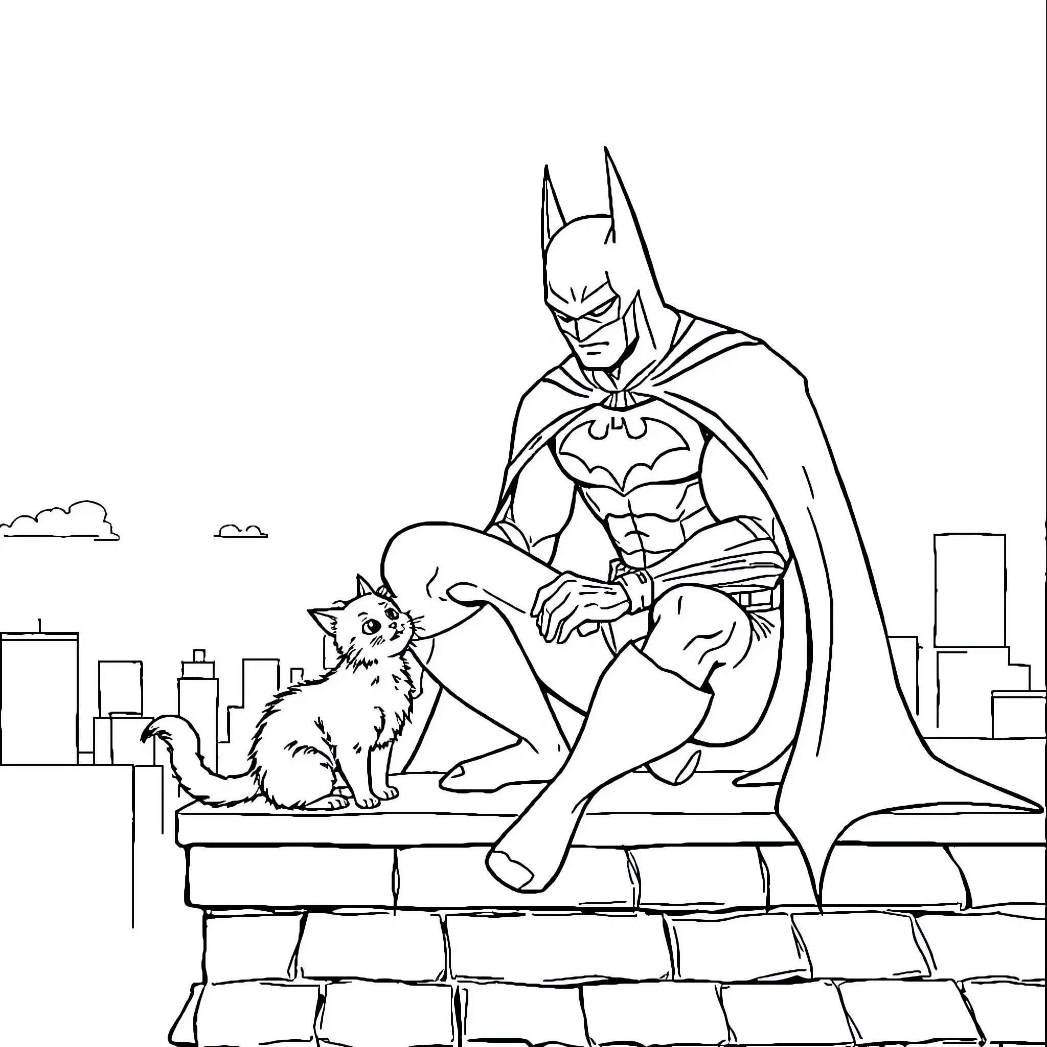 Batman relaxing with a friendly feline companion Coloring Page (free black-and-white line drawing printable PDF for all, from beginners to advanced learners, including children, teens, adults, and seniors)