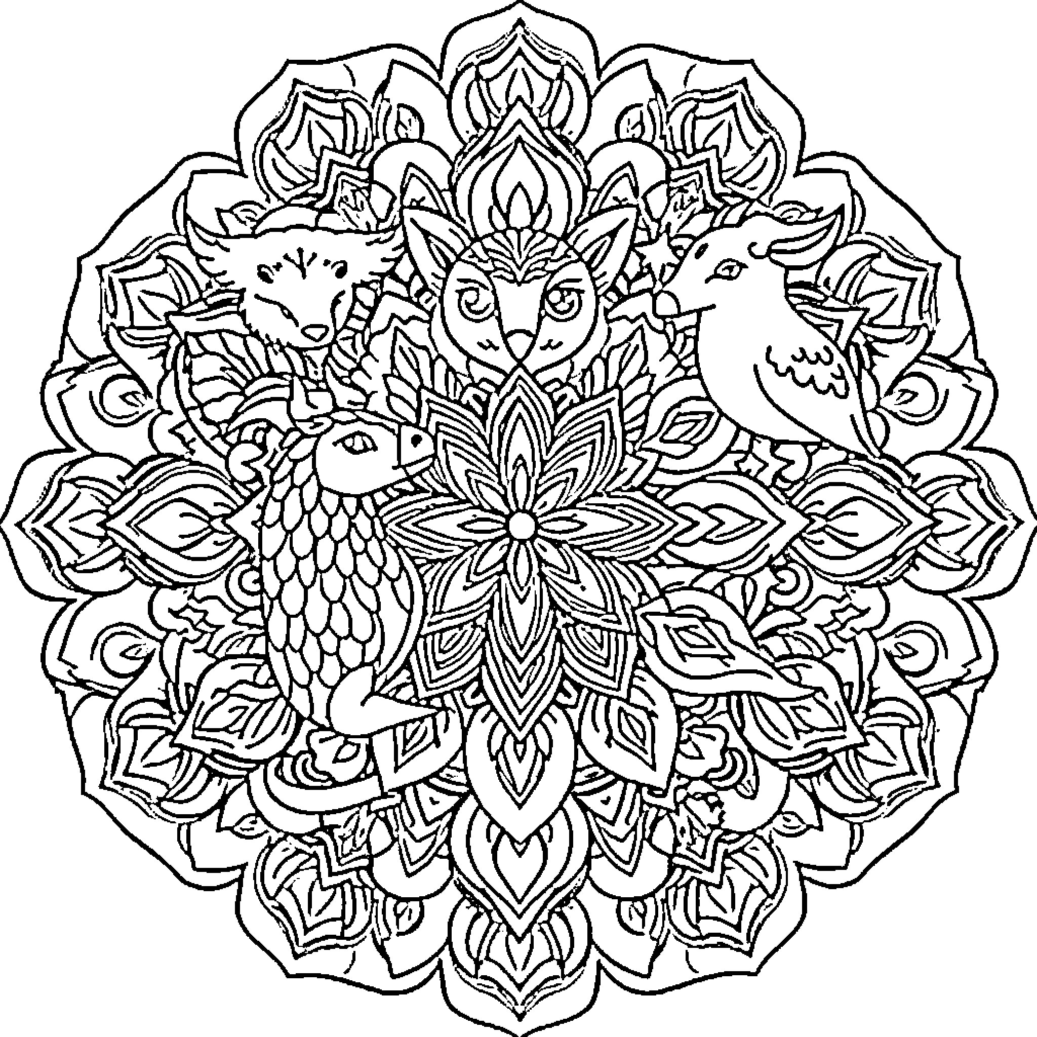 Animal Mandala with Floral and Bird Elements Coloring Page (free black-and-white line drawing printable PDF for all, from beginners to advanced learners, including children, teens, adults, and seniors)