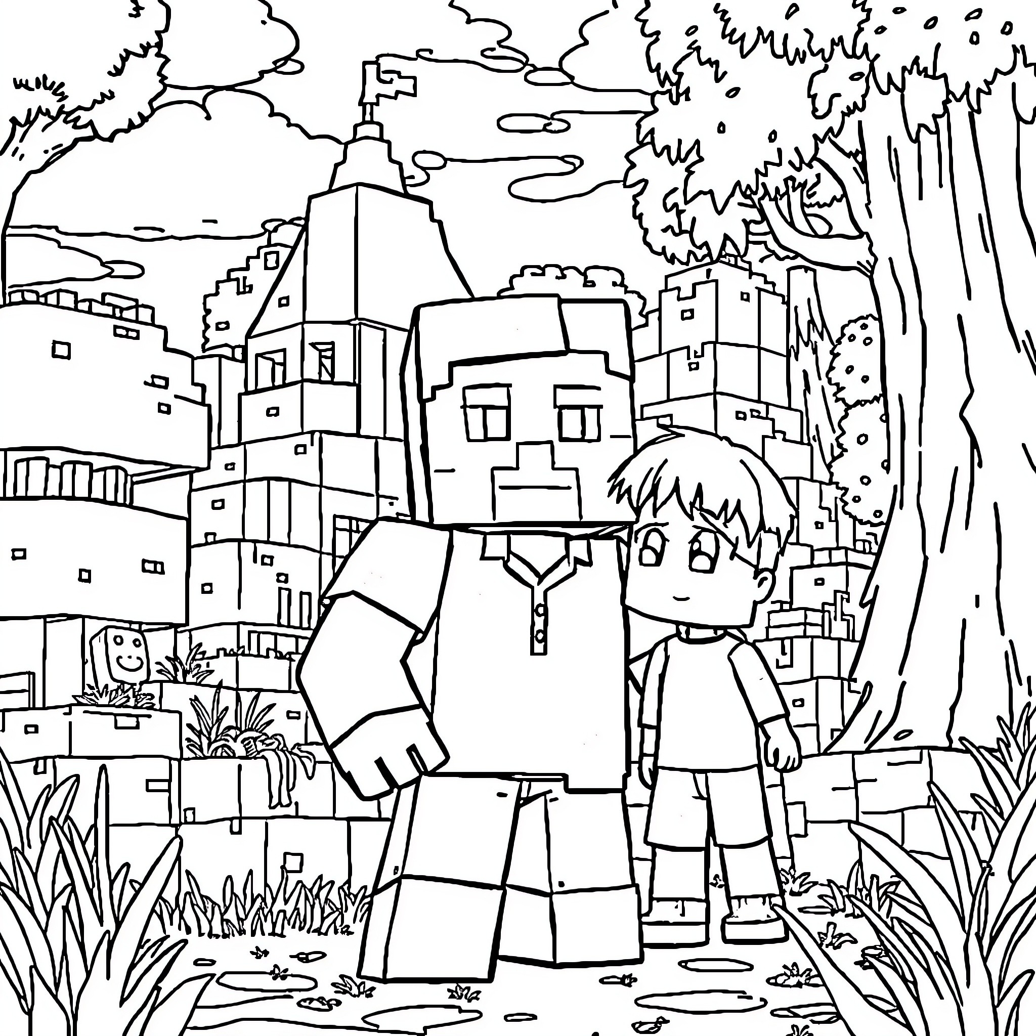 Villager explores the scenic town landscape Coloring Page (free black-and-white line drawing printable PDF for all, from beginners to advanced learners, including children, teens, adults, and seniors)