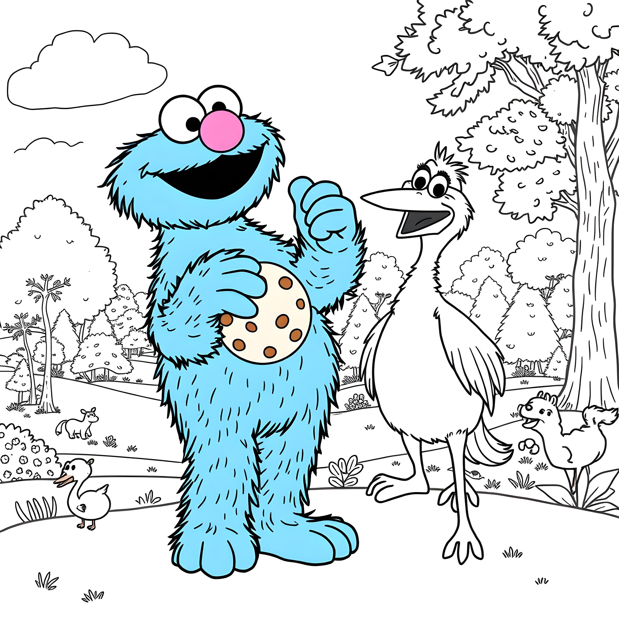 Cookie Monster and Friends in a Woodland Scene Coloring Page (free black-and-white line drawing printable PDF for all, from beginners to advanced learners, including children, teens, adults, and seniors)