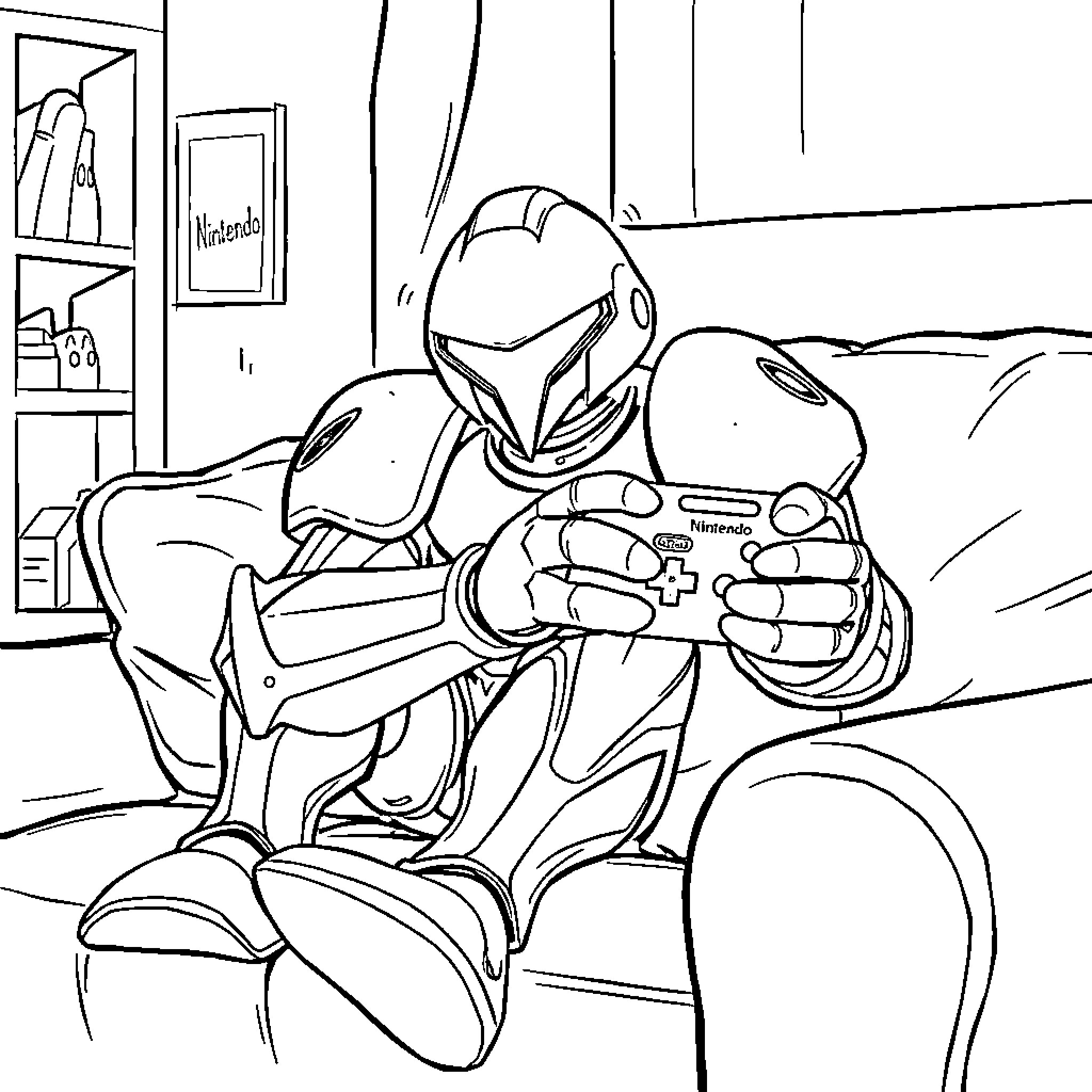 Samus Exploring Futuristic Environment with Handheld Device Coloring Page (free black-and-white line drawing printable PDF for all, from beginners to advanced learners, including children, teens, adults, and seniors)