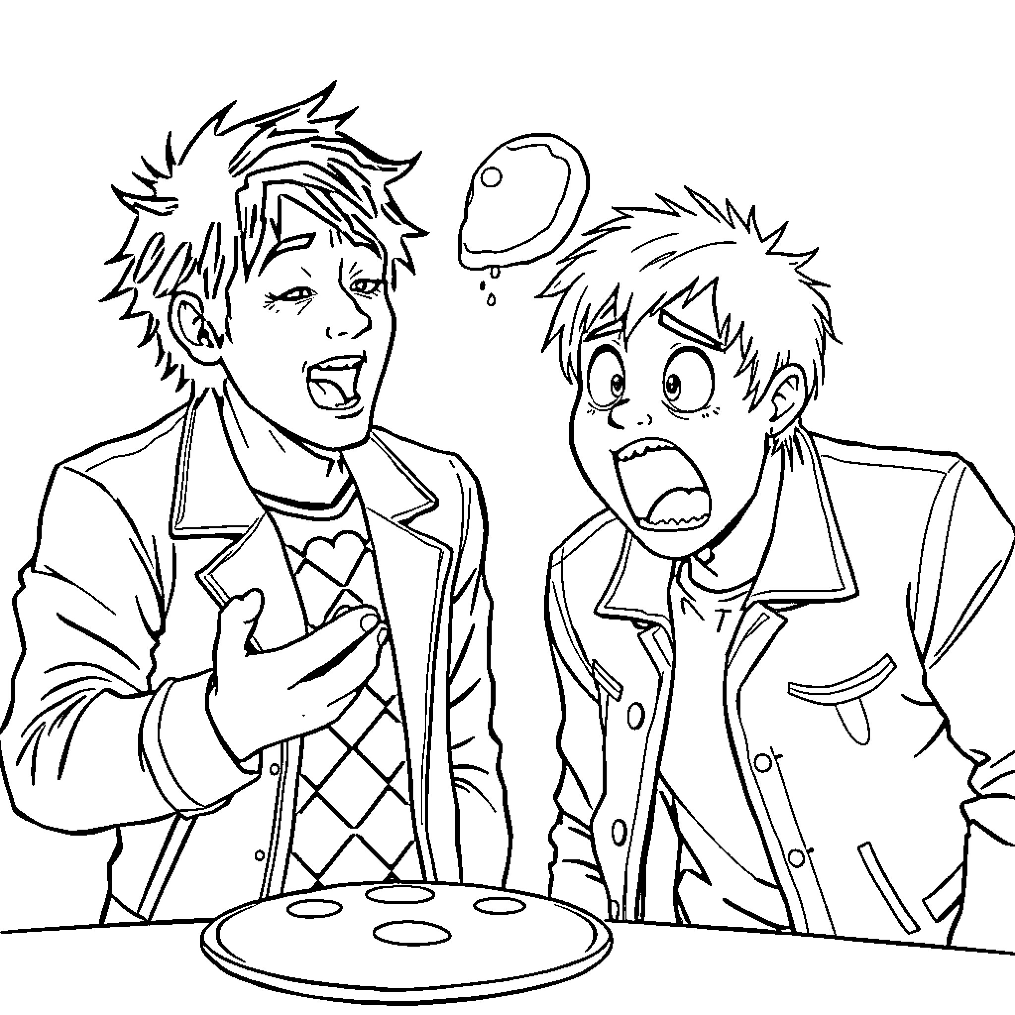Gerard Way and friend in playful, animated expressions Coloring Page (free black-and-white line drawing printable PDF for all, from beginners to advanced learners, including children, teens, adults, and seniors)