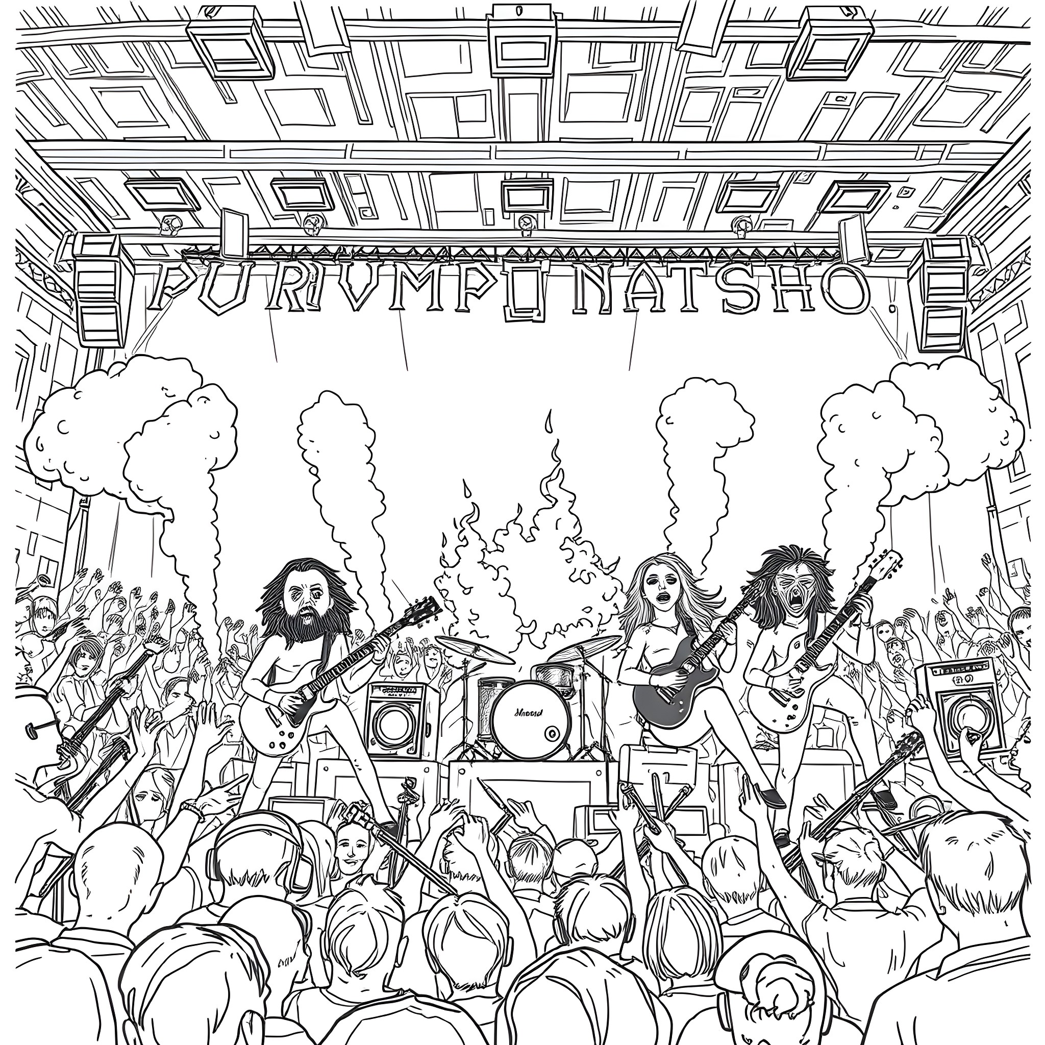 Male Band Performing Live on Stage with Audience Coloring Page (free black-and-white line drawing printable PDF for all, from beginners to advanced learners, including children, teens, adults, and seniors)