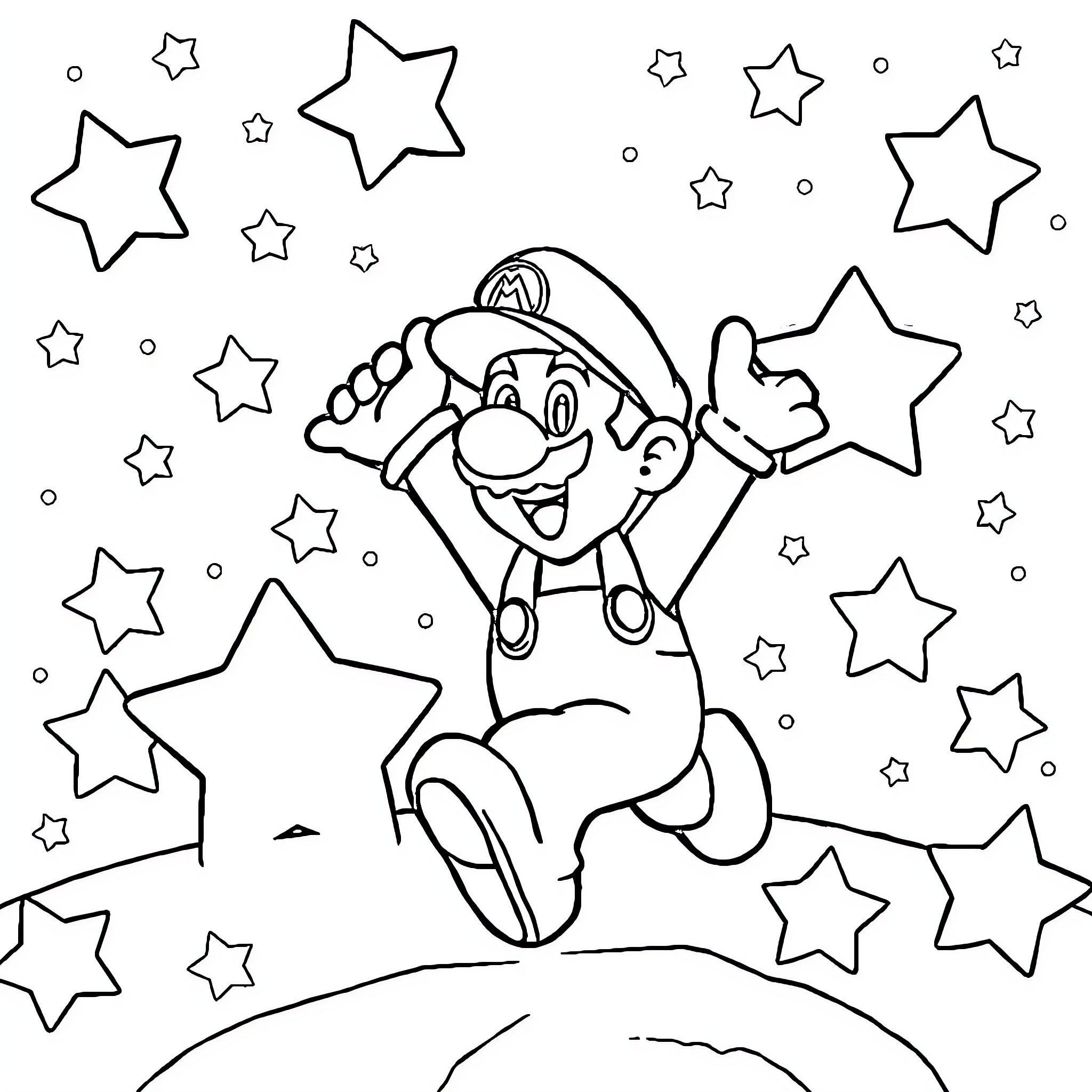 Mario's Starry Adventure Coloring Page (free black-and-white line drawing printable PDF for all, from beginners to advanced learners, including children, teens, adults, and seniors)