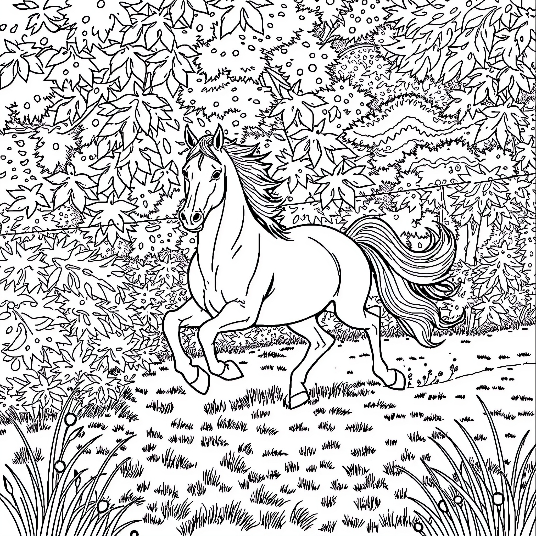 Horse galloping through a magical forest landscape Coloring Page (free black-and-white line drawing printable PDF for all, from beginners to advanced learners, including children, teens, adults, and seniors)