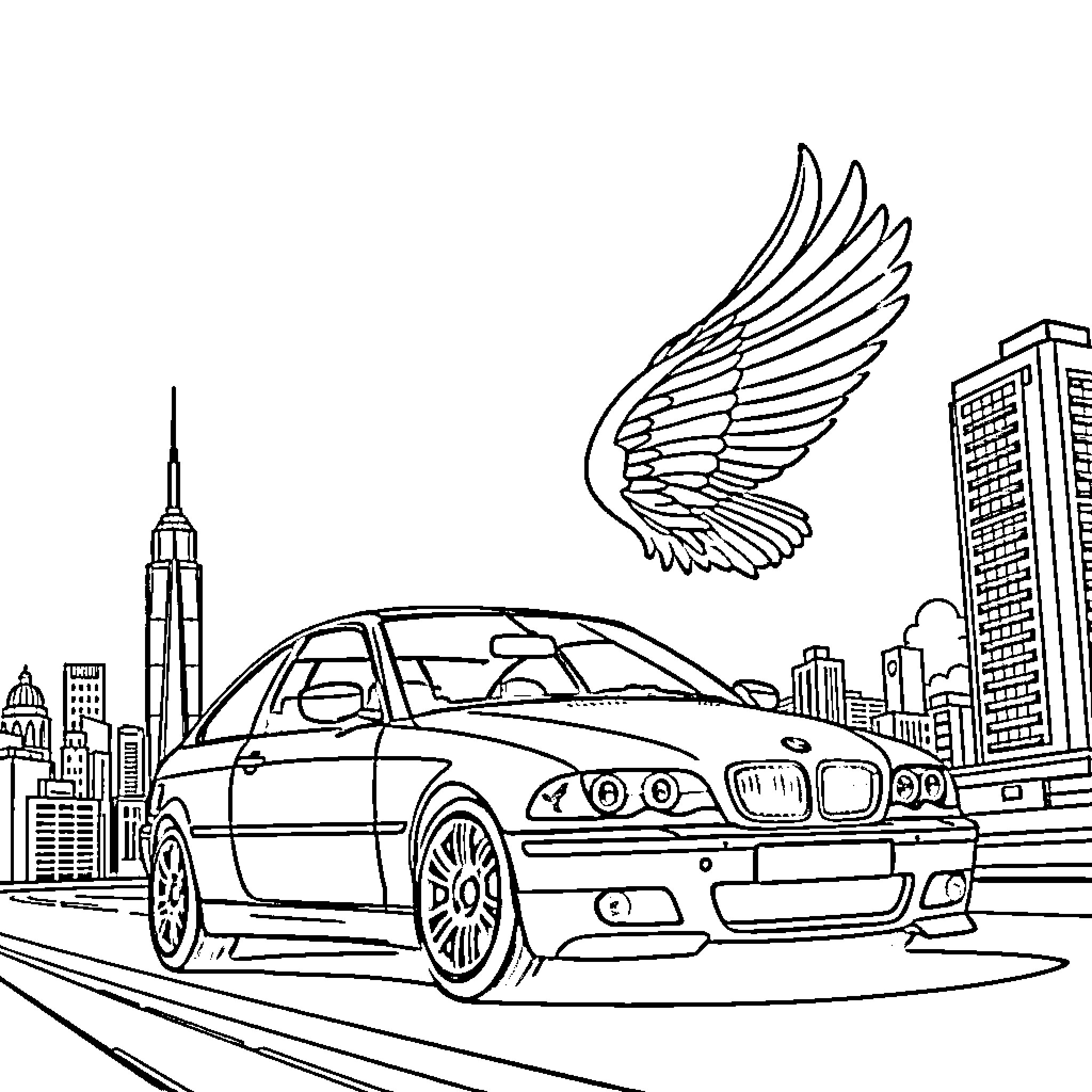 BMW sports car speeding through the city skyline Coloring Page (free black-and-white line drawing printable PDF for all, from beginners to advanced learners, including children, teens, adults, and seniors)
