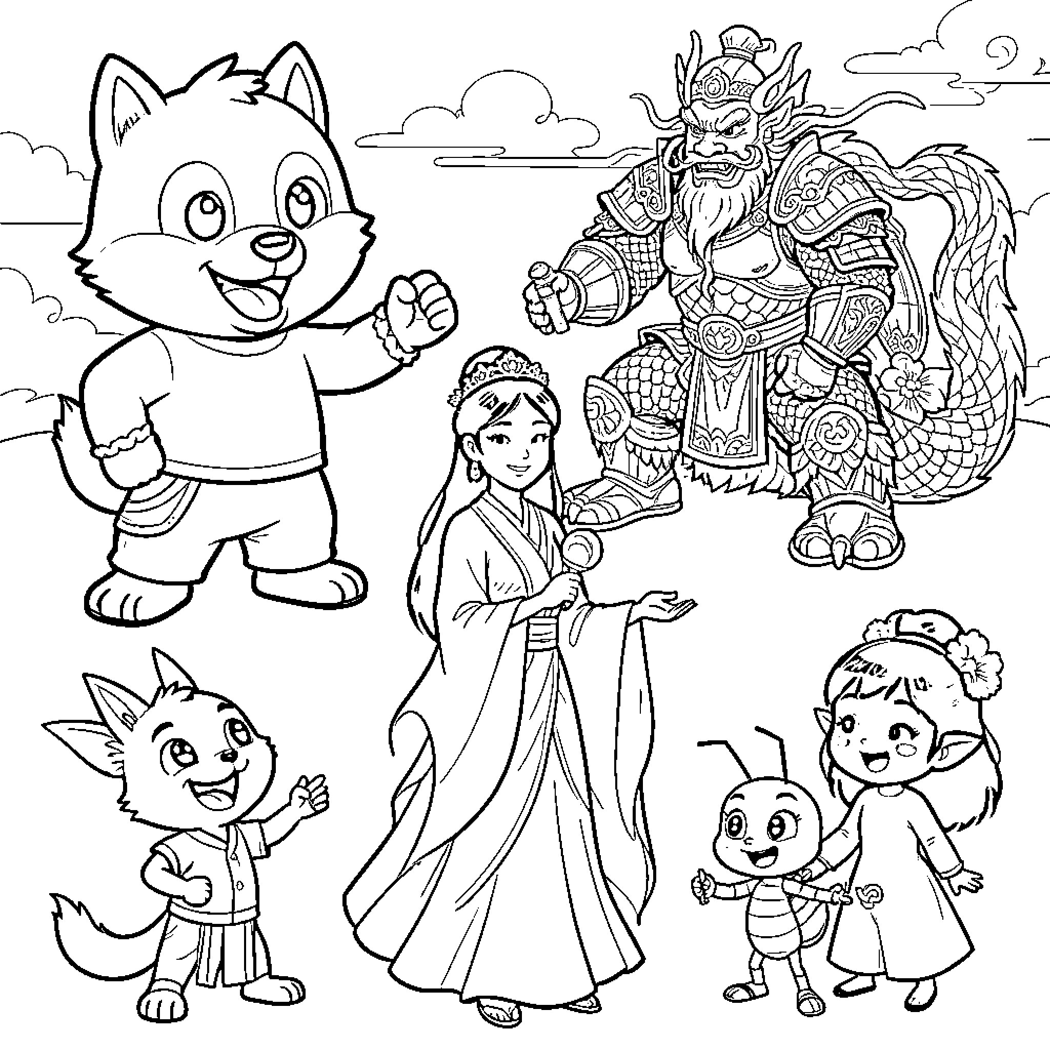 Vietnamese Characters in Fantastical Scenes Coloring Page (free black-and-white line drawing printable PDF for all, from beginners to advanced learners, including children, teens, adults, and seniors)
