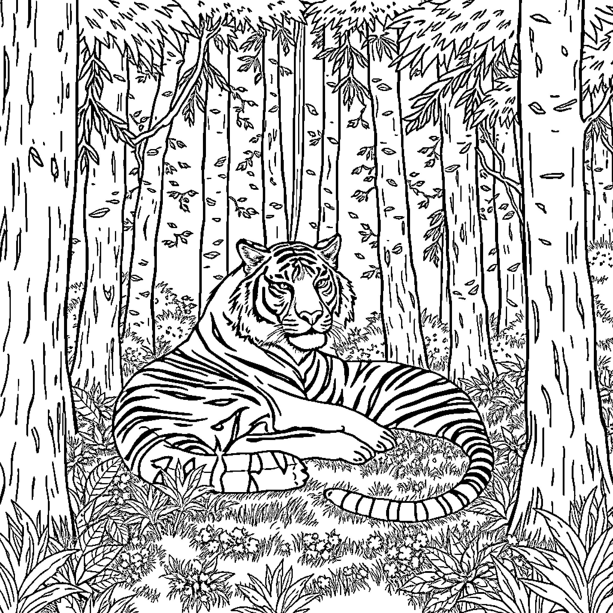 Tiger resting in the lush forest Coloring Page (free black-and-white line drawing printable PDF for all, from beginners to advanced learners, including children, teens, adults, and seniors)