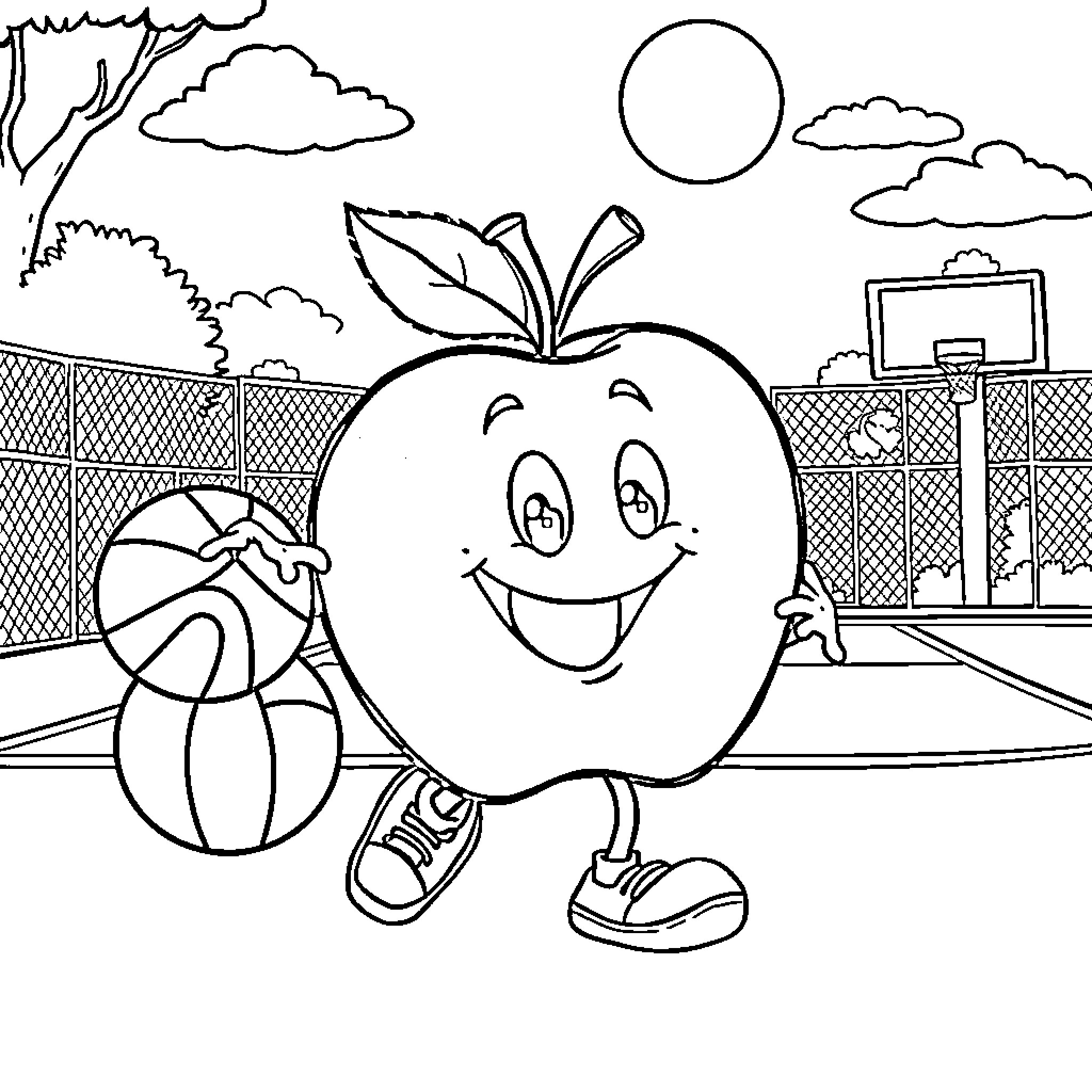 Apple playing happily with basketball in the park Coloring Page (free black-and-white line drawing printable PDF for all, from beginners to advanced learners, including children, teens, adults, and seniors)