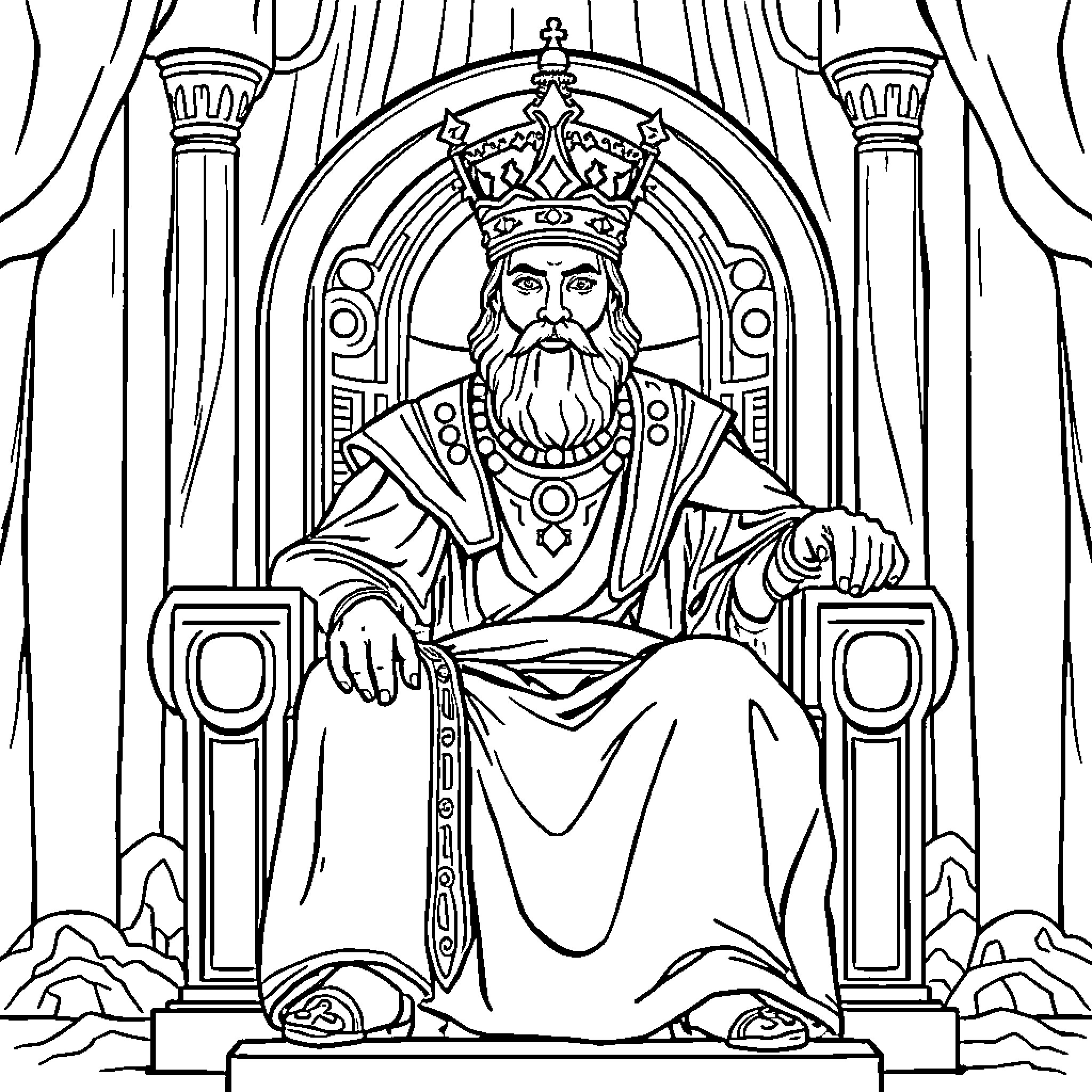 King Josiah Seated on His Throne Coloring Page (free black-and-white line drawing printable PDF for all, from beginners to advanced learners, including children, teens, adults, and seniors)