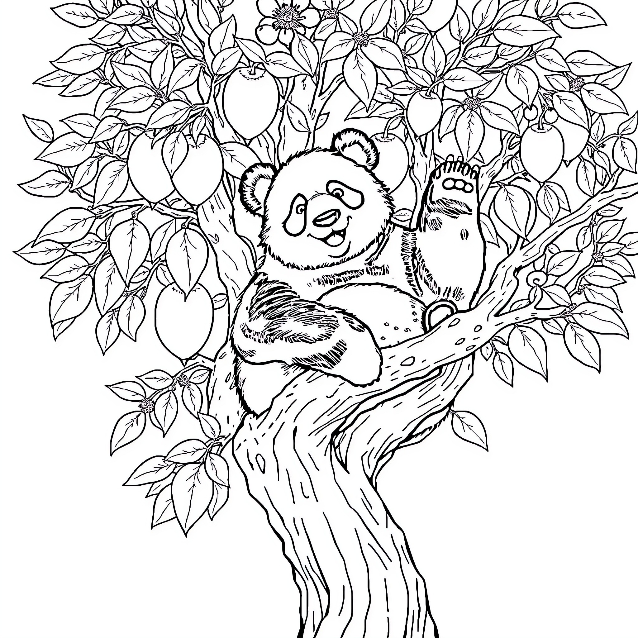 Panda playing among blooming flowers Coloring Page (free black-and-white line drawing printable PDF for all, from beginners to advanced learners, including children, teens, adults, and seniors)