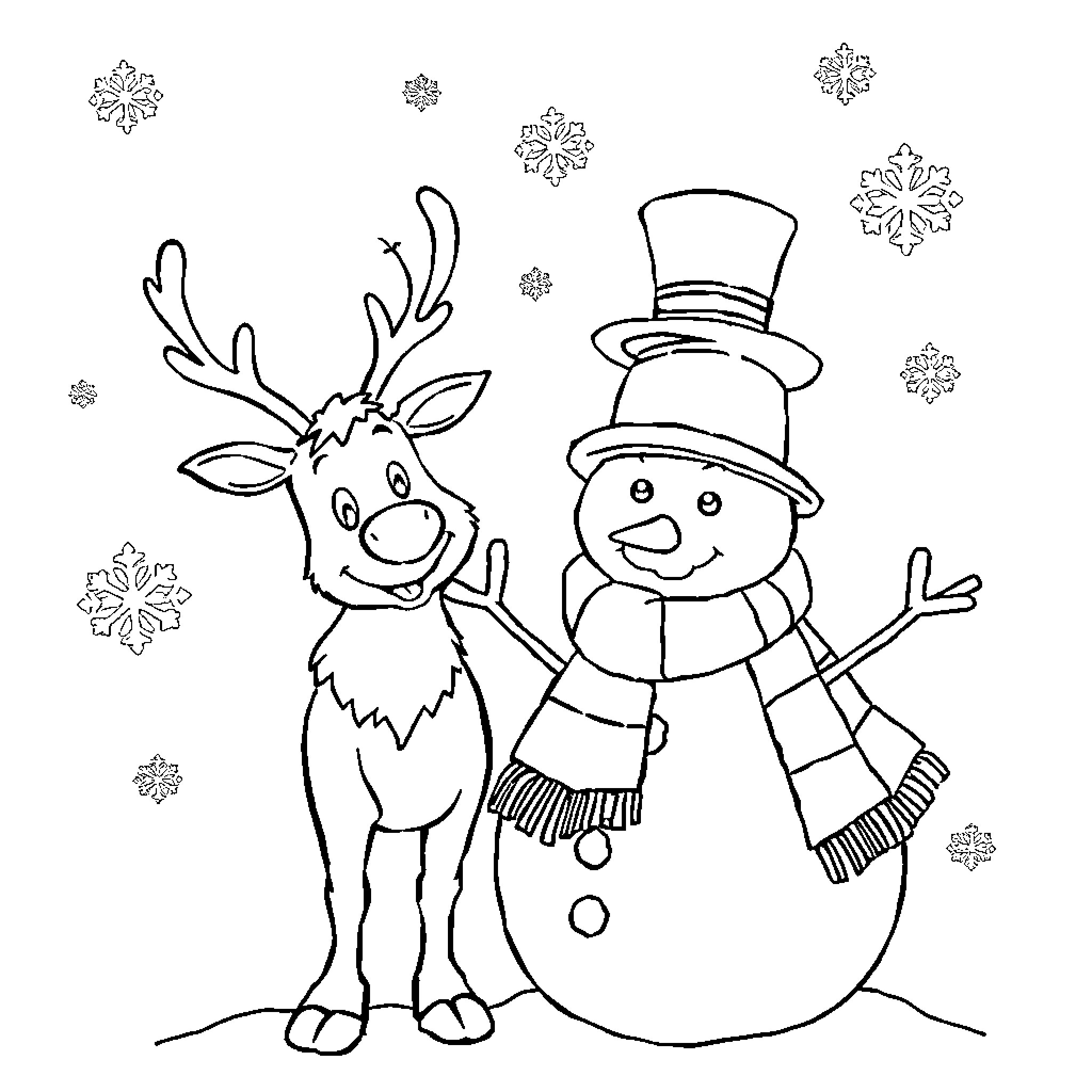 Rudolph and snowman enjoying winter scenery Coloring Page (free black-and-white line drawing printable PDF for all, from beginners to advanced learners, including children, teens, adults, and seniors)