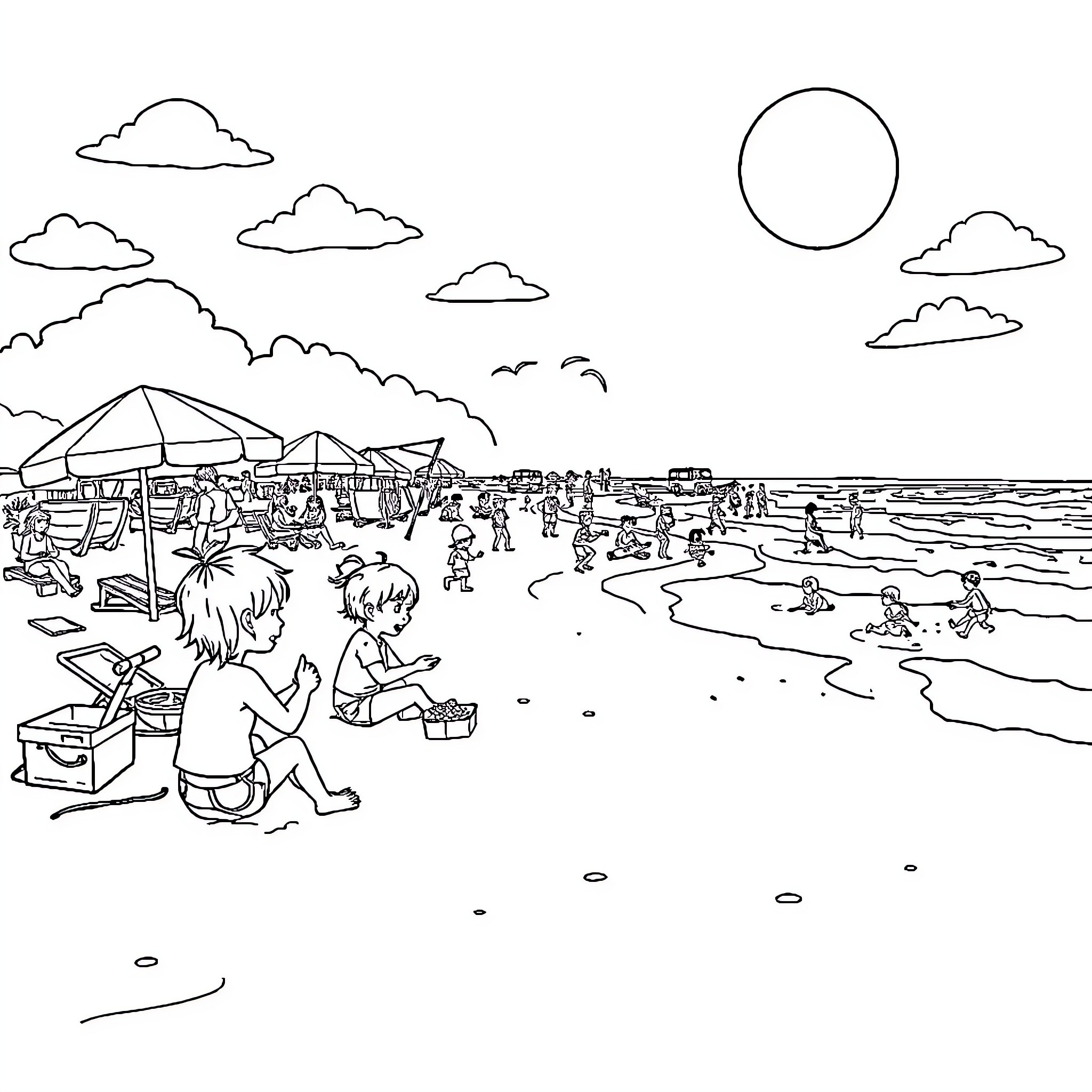 Beach scene with people enjoying sunny day Coloring Page (free black-and-white line drawing printable PDF for all, from beginners to advanced learners, including children, teens, adults, and seniors)