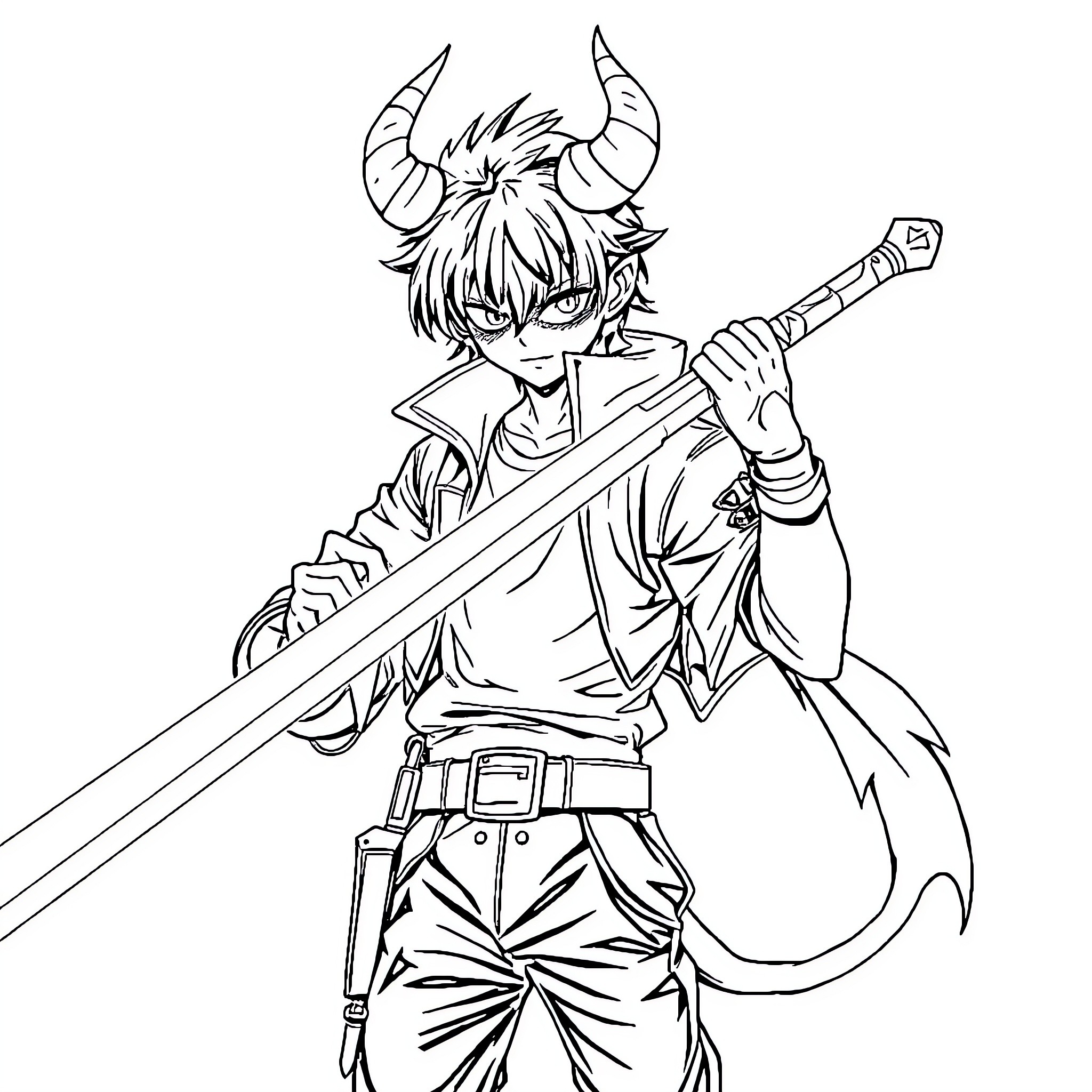 Demon Hunter wielding a formidable sword and horned armor Coloring Page (free black-and-white line drawing printable PDF for all, from beginners to advanced learners, including children, teens, adults, and seniors)