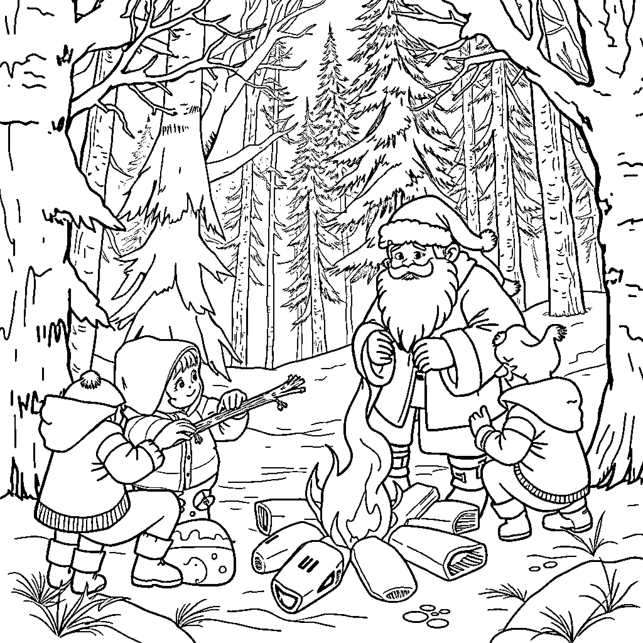 Santa and Friends Enjoying Nature in the Forest Coloring Page (free black-and-white line drawing printable PDF for all, from beginners to advanced learners, including children, teens, adults, and seniors)