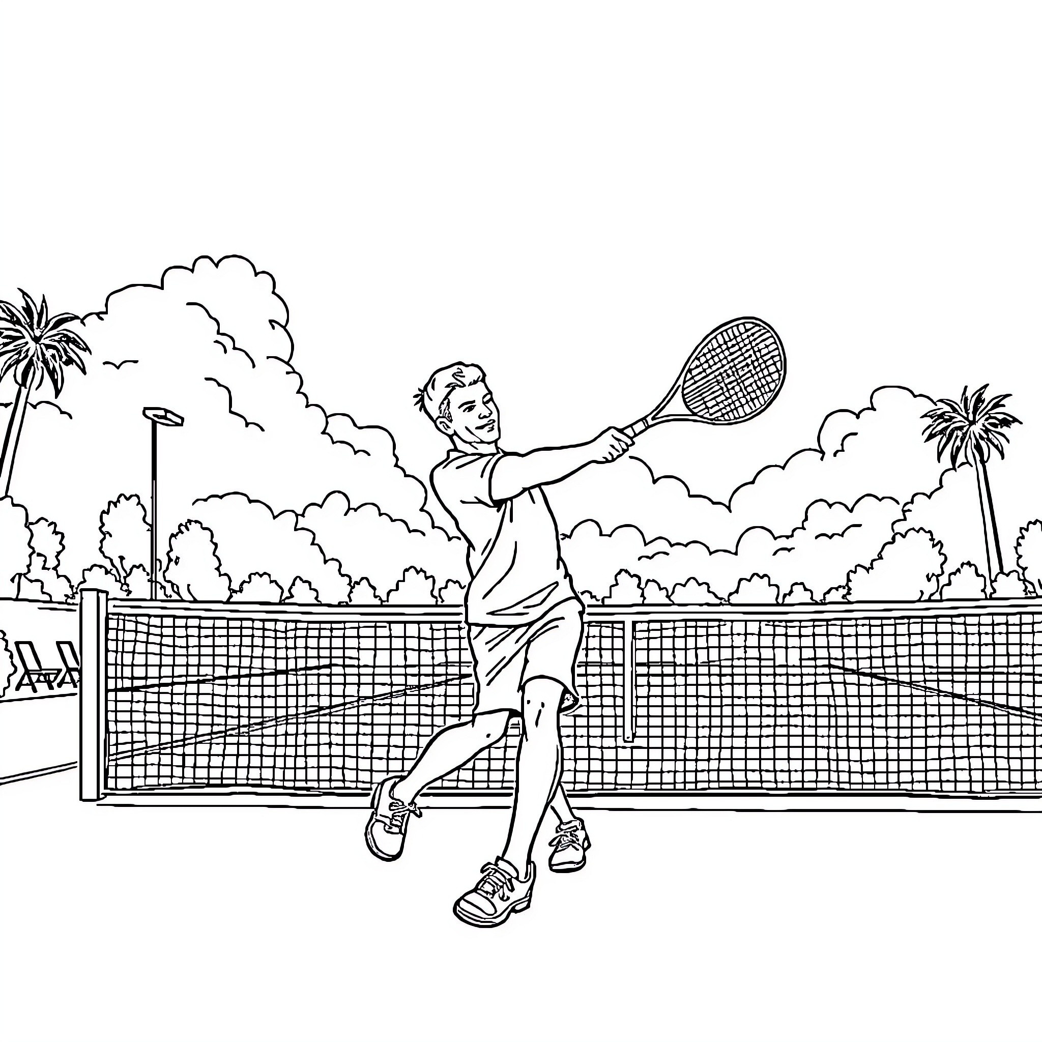 Barman playing tennis on a court Coloring Page (free black-and-white line drawing printable PDF for all, from beginners to advanced learners, including children, teens, adults, and seniors)