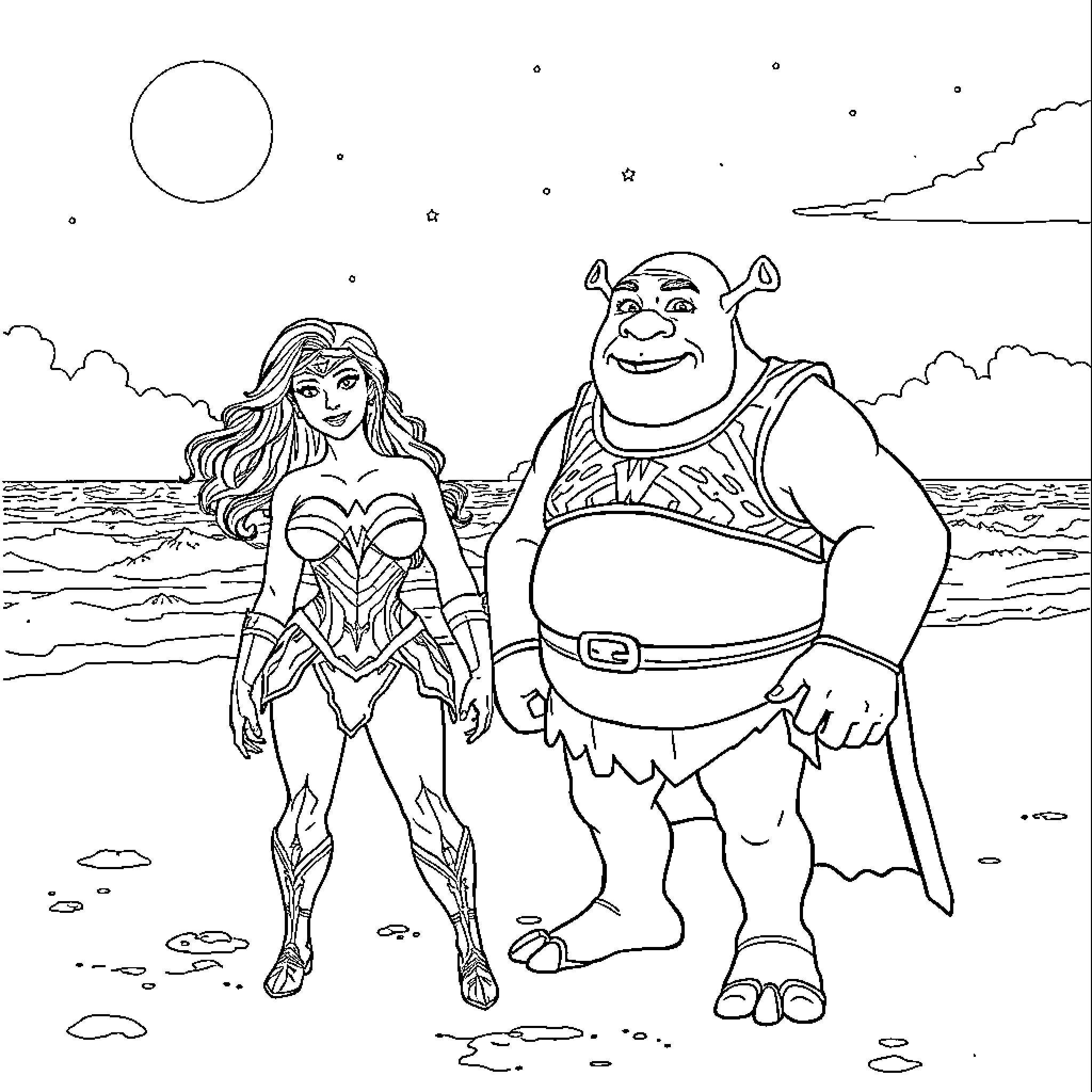 Wonder Woman and Shrek's Beach Adventure Coloring Page (free black-and-white line drawing printable PDF for all, from beginners to advanced learners, including children, teens, adults, and seniors)