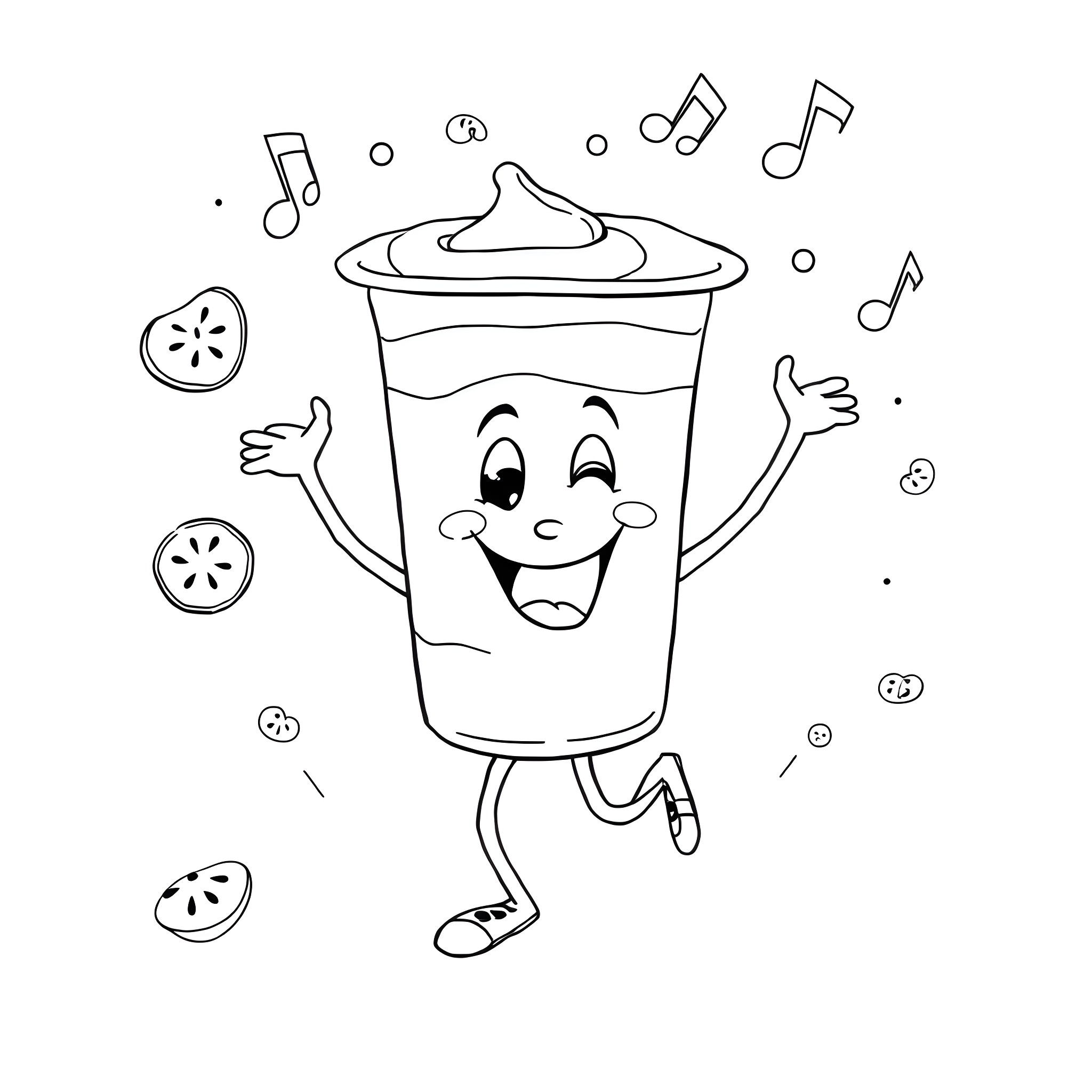 Yoghurt cup dancing with musical notes Coloring Page (free black-and-white line drawing printable PDF for all, from beginners to advanced learners, including children, teens, adults, and seniors)