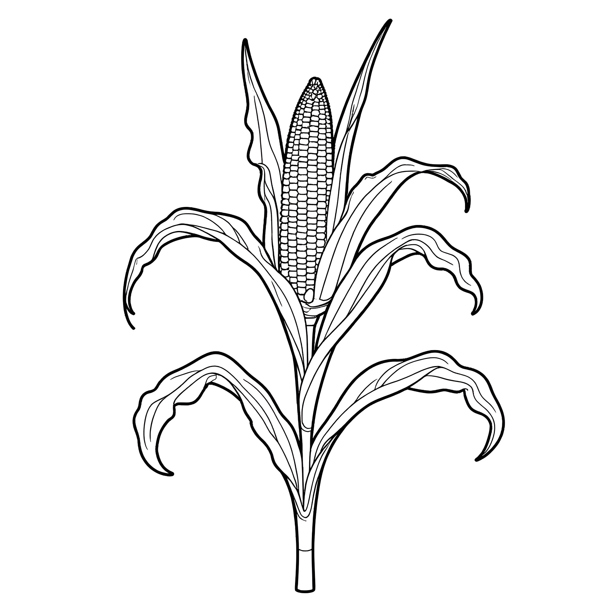 Corn stalk with detailed leaves and kernels Coloring Page (free black-and-white line drawing printable PDF for all, from beginners to advanced learners, including children, teens, adults, and seniors)