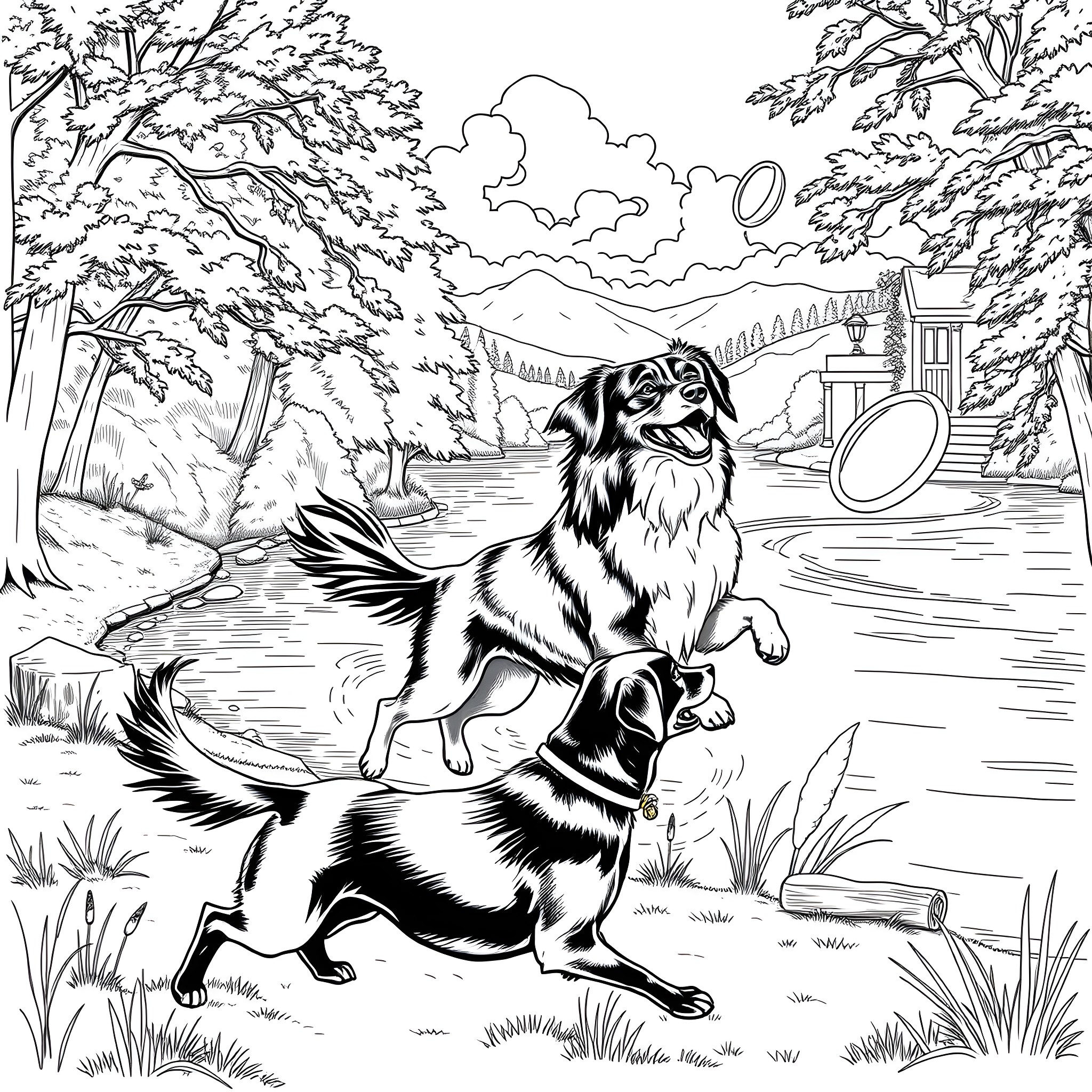 Dog playing fetch with its companion in the forest Coloring Page (free black-and-white line drawing printable PDF for all, from beginners to advanced learners, including children, teens, adults, and seniors)