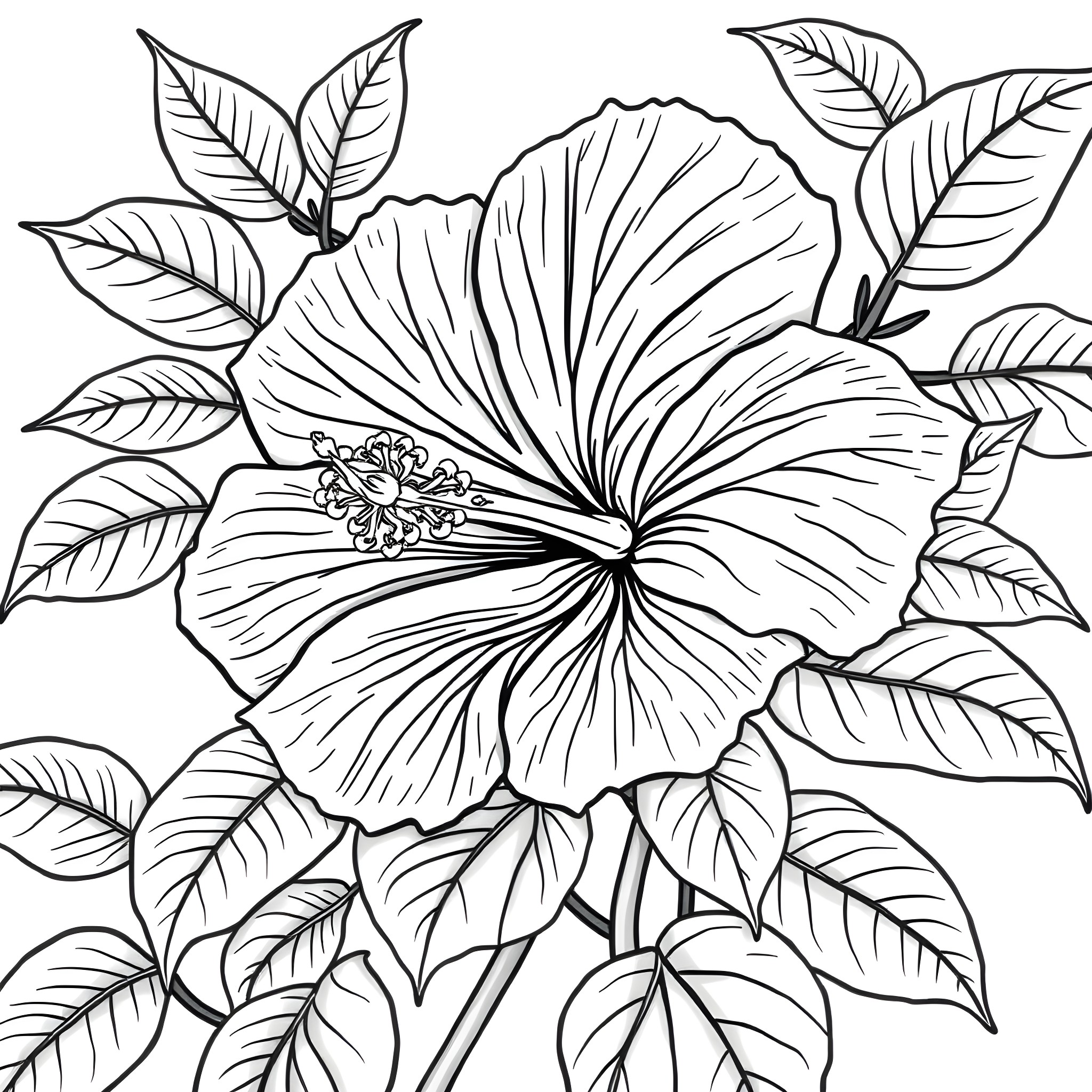 Hibiscus flower in stylized tropical foliage Coloring Page (free black-and-white line drawing printable PDF for all, from beginners to advanced learners, including children, teens, adults, and seniors)