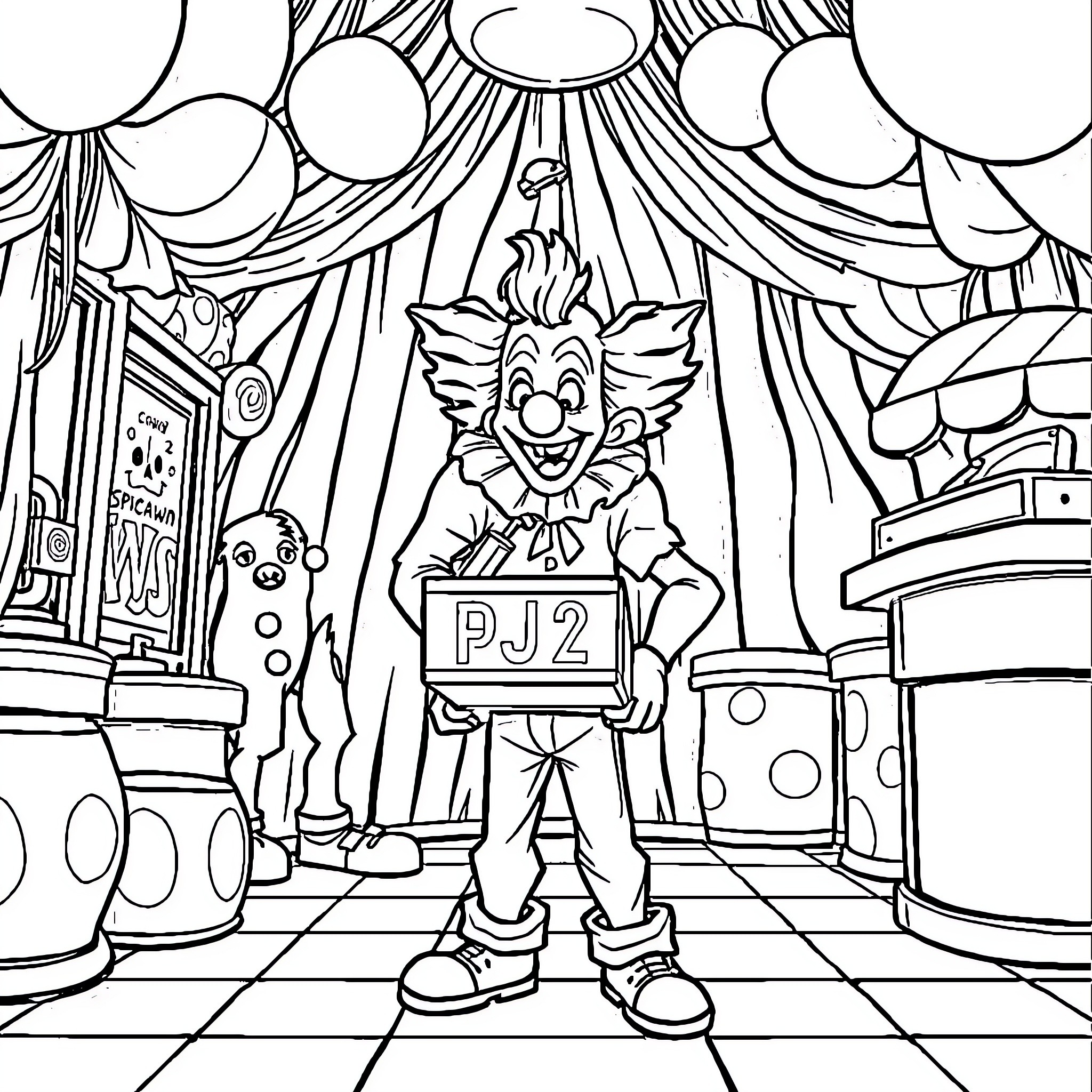 Clown entertains the crowd with playful antics Coloring Page (free black-and-white line drawing printable PDF for all, from beginners to advanced learners, including children, teens, adults, and seniors)