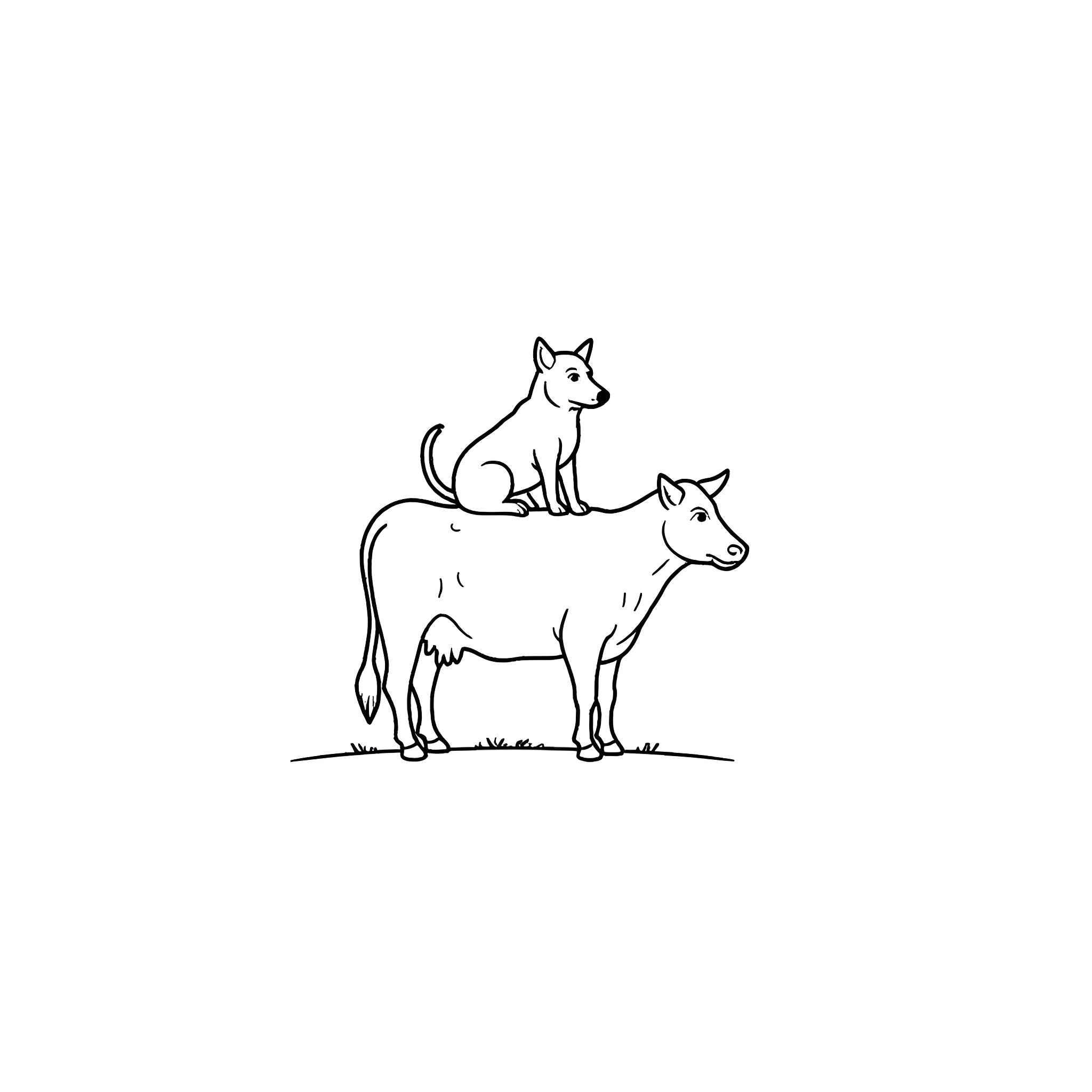 Cattle Dog Riding on a Cow's Back Coloring Page (free black-and-white line drawing printable PDF for all, from beginners to advanced learners, including children, teens, adults, and seniors)