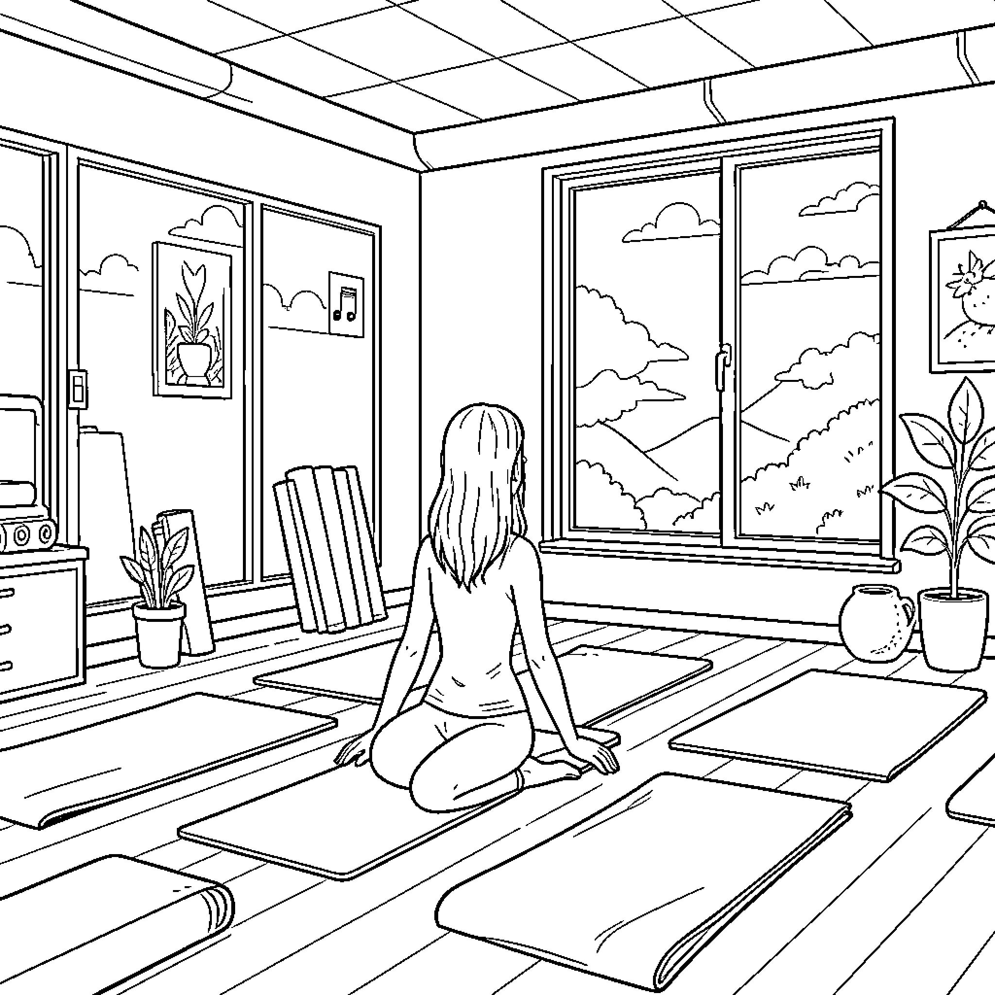 Yoga practitioner meditating by a large window Coloring Page (free black-and-white line drawing printable PDF for all, from beginners to advanced learners, including children, teens, adults, and seniors)
