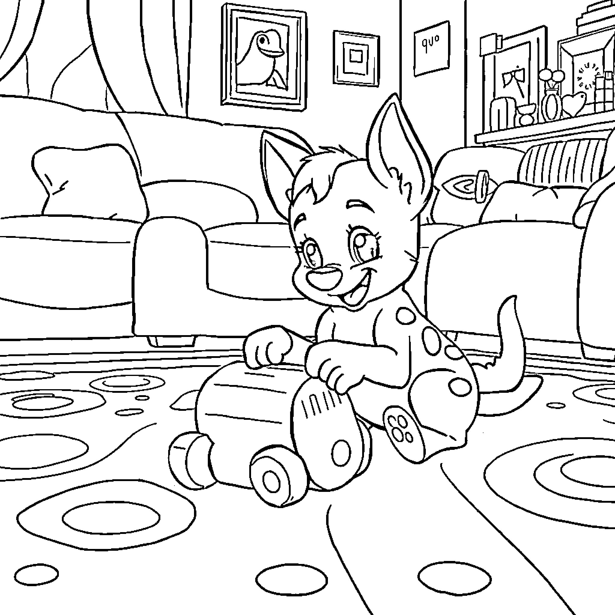 Bluey playing with toy car in living room Coloring Page (free black-and-white line drawing printable PDF for all, from beginners to advanced learners, including children, teens, adults, and seniors)