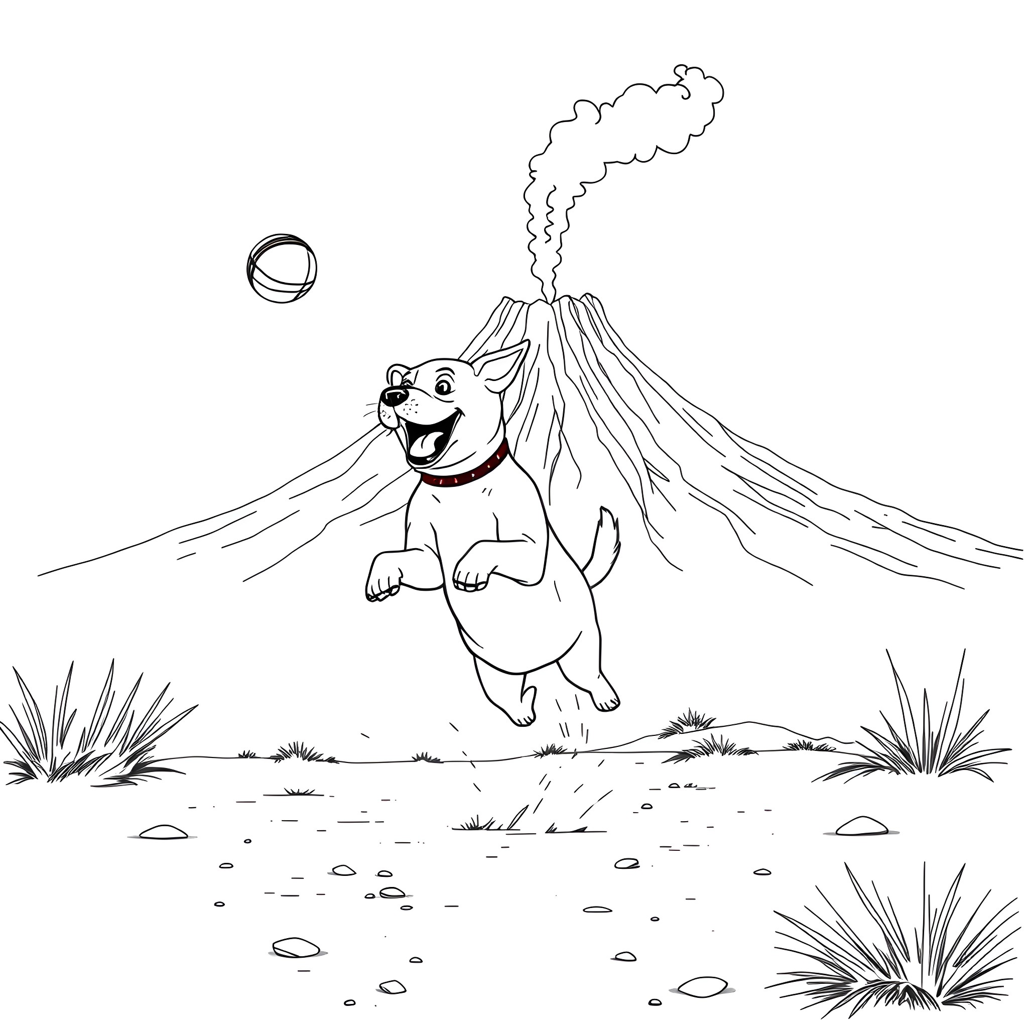 Dog playing joyfully near a volcano Coloring Page (free black-and-white line drawing printable PDF for all, from beginners to advanced learners, including children, teens, adults, and seniors)