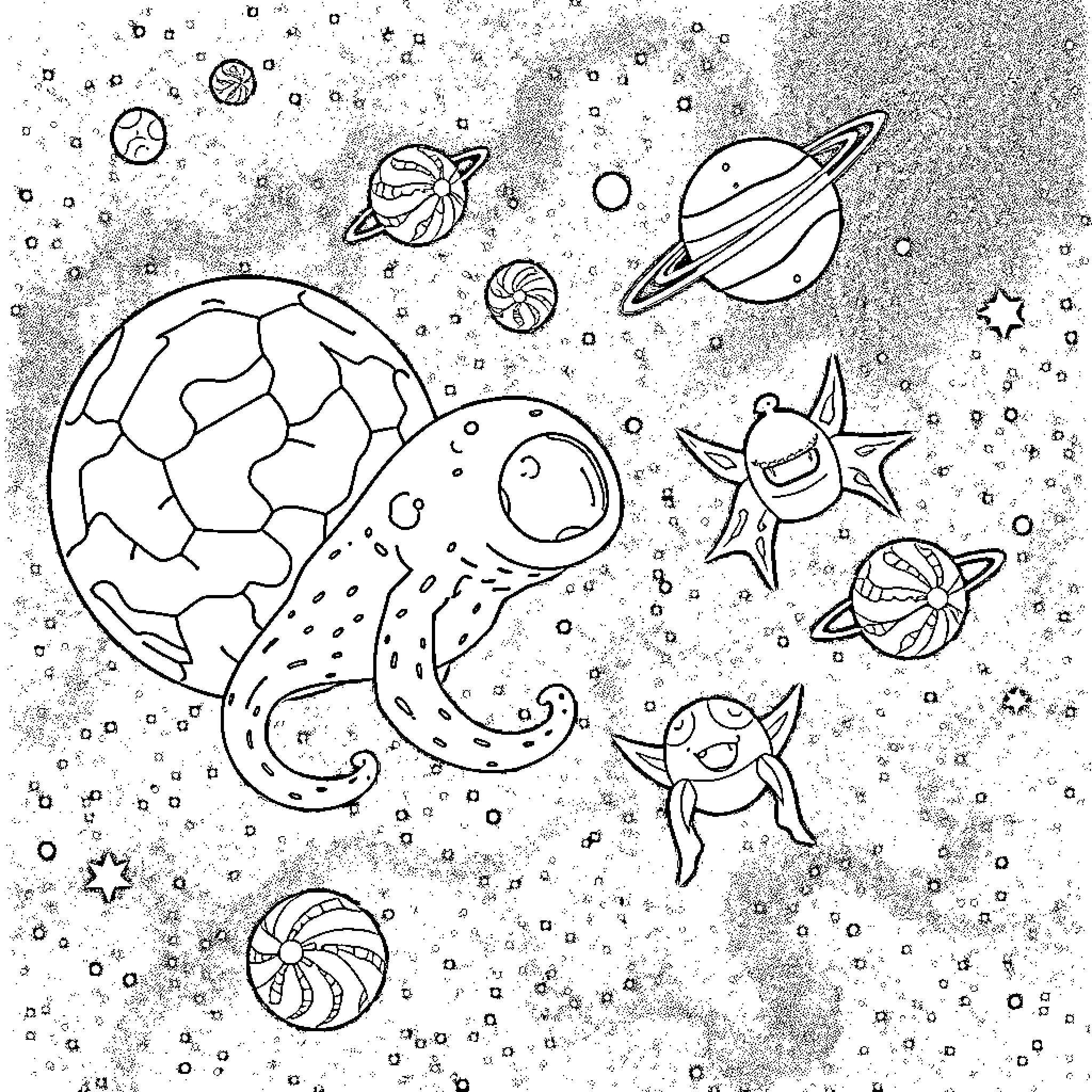 Creature exploring whimsical outer space Coloring Page (free black-and-white line drawing printable PDF for all, from beginners to advanced learners, including children, teens, adults, and seniors)