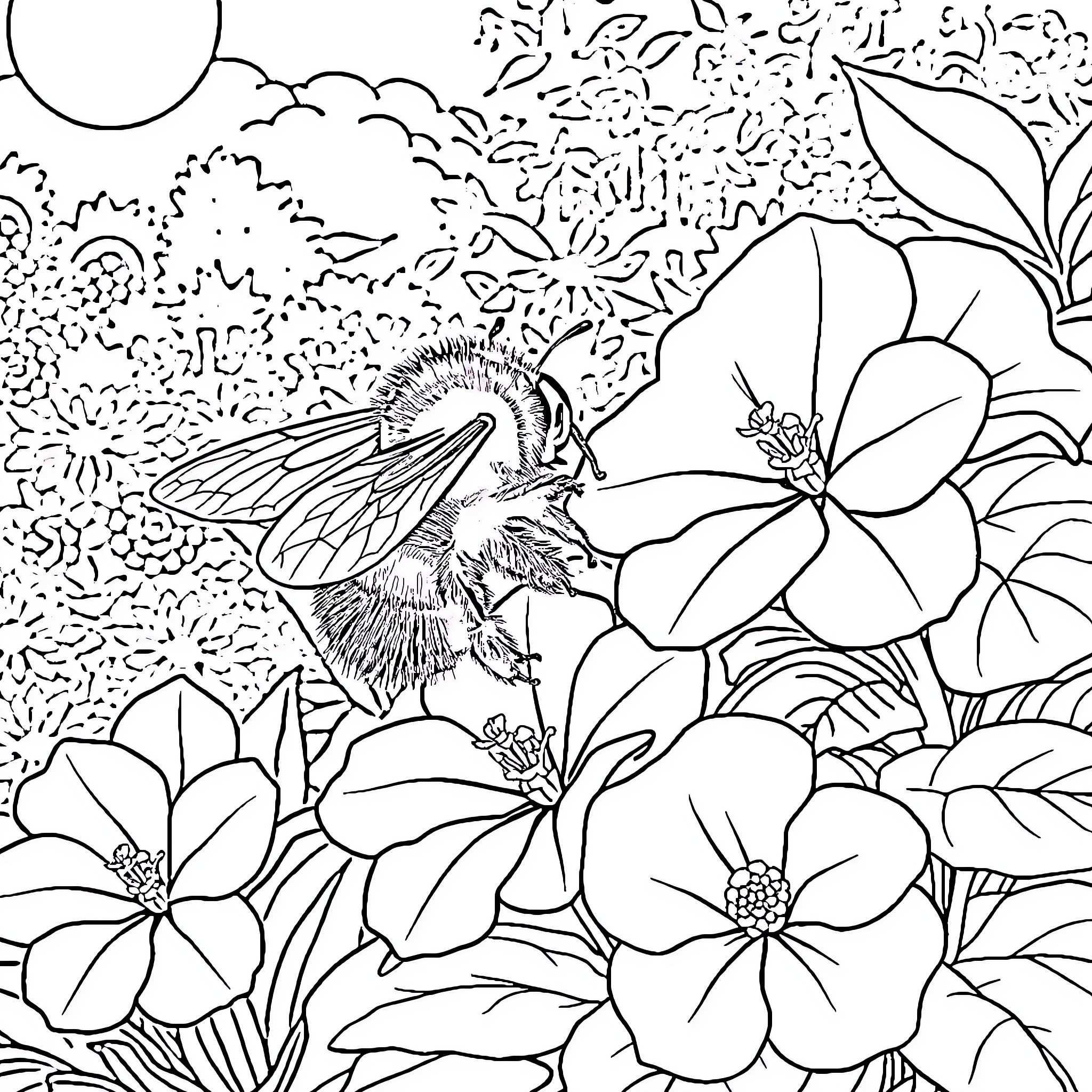 Bee exploring vibrant floral garden Coloring Page (free black-and-white line drawing printable PDF for all, from beginners to advanced learners, including children, teens, adults, and seniors)