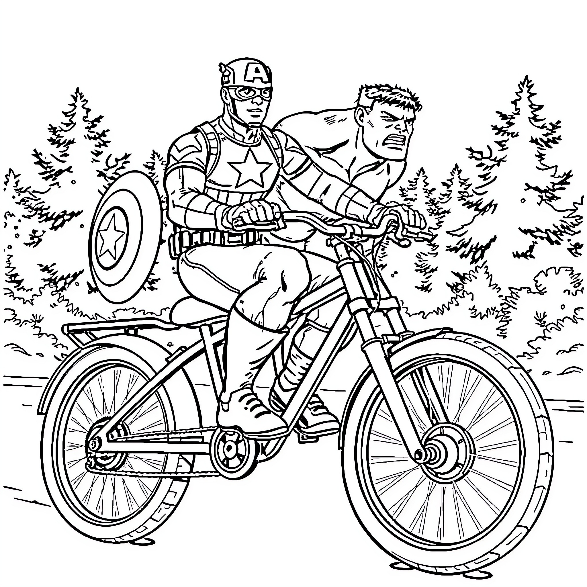 Captain America and Hulk Ride Bicycles in the Forest Coloring Page (free black-and-white line drawing printable PDF for all, from beginners to advanced learners, including children, teens, adults, and seniors)