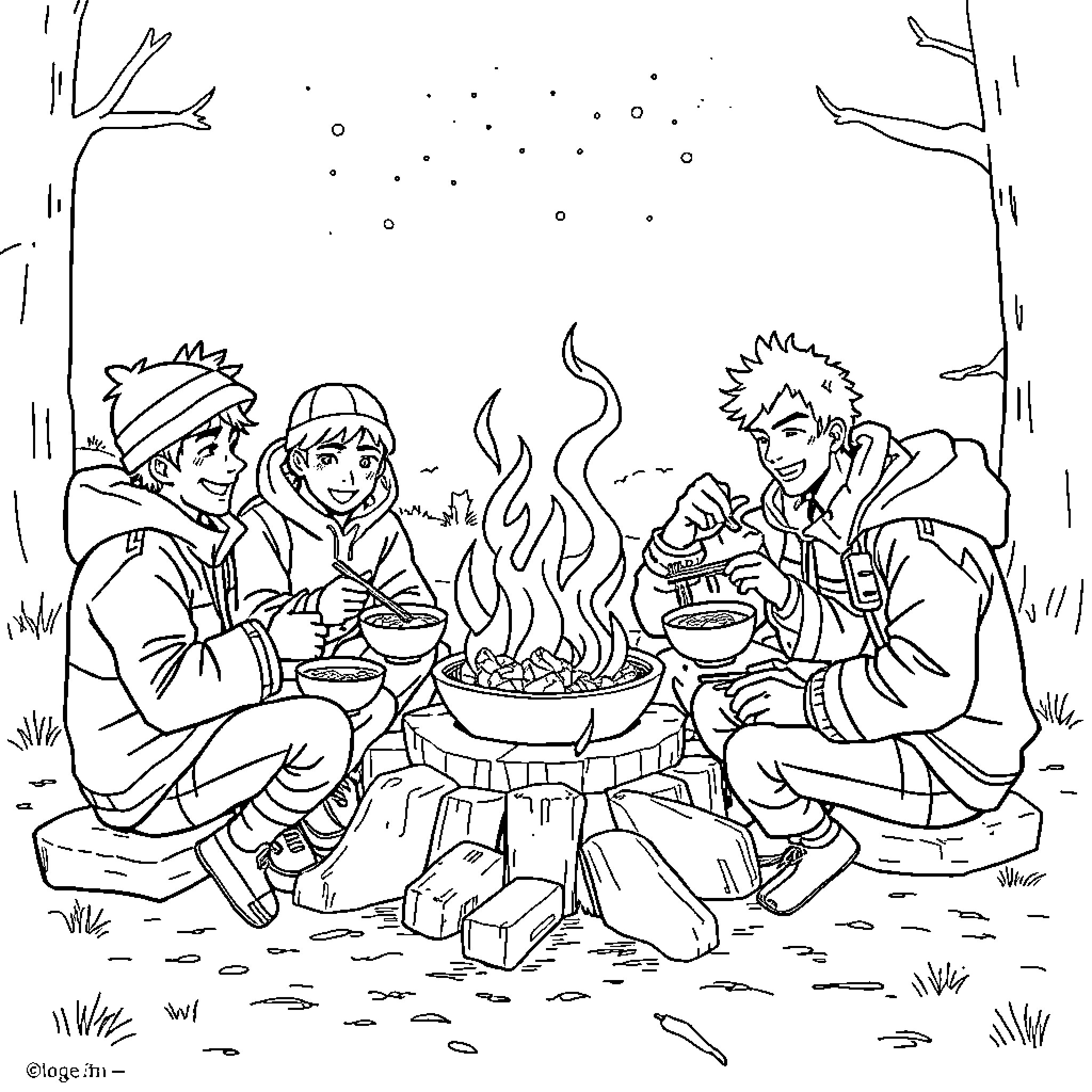 Boy Scouts Enjoying Campfire Meal in the Woods Coloring Page (free black-and-white line drawing printable PDF for all, from beginners to advanced learners, including children, teens, adults, and seniors)