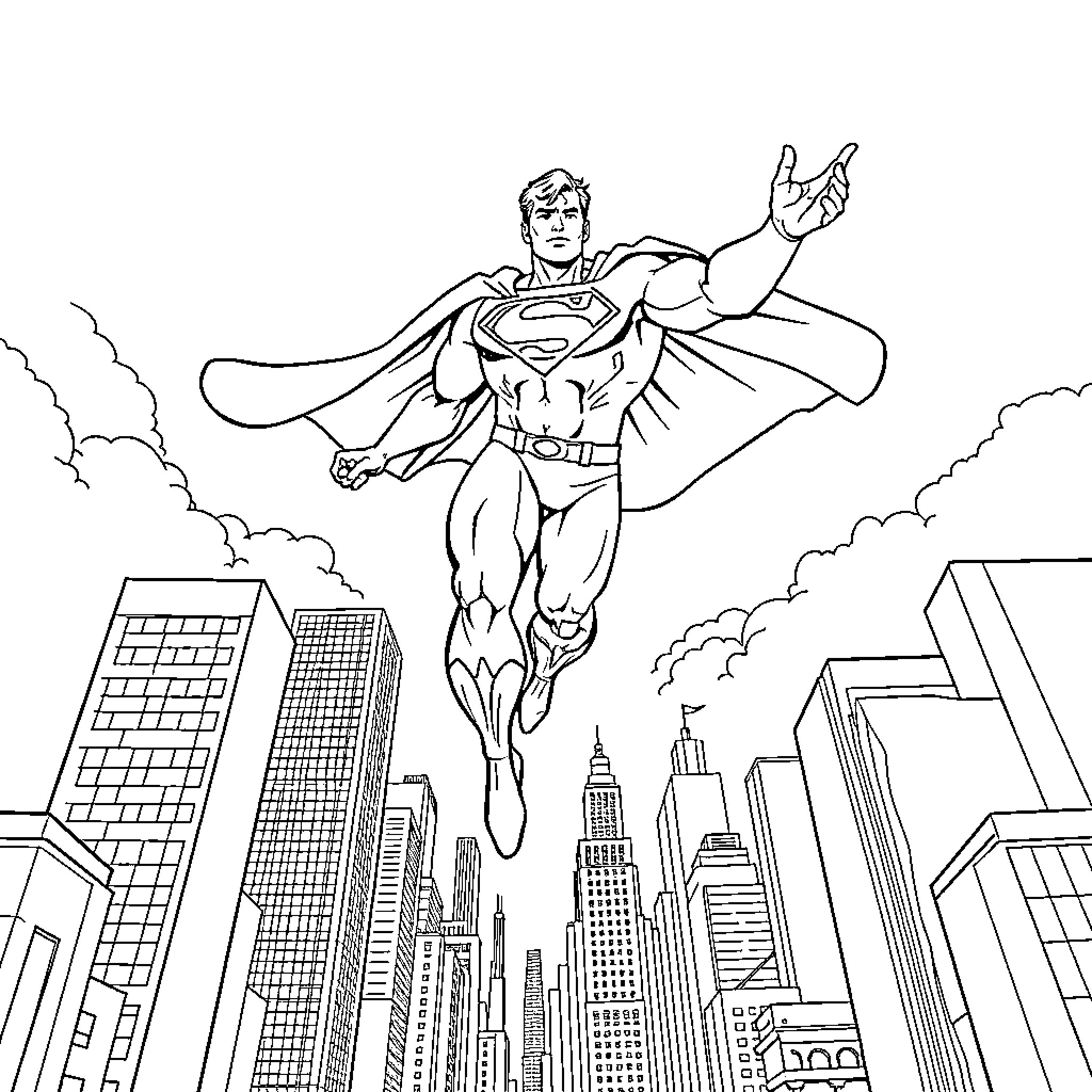 Superman soaring over the city skyline Coloring Page (free black-and-white line drawing printable PDF for all, from beginners to advanced learners, including children, teens, adults, and seniors)