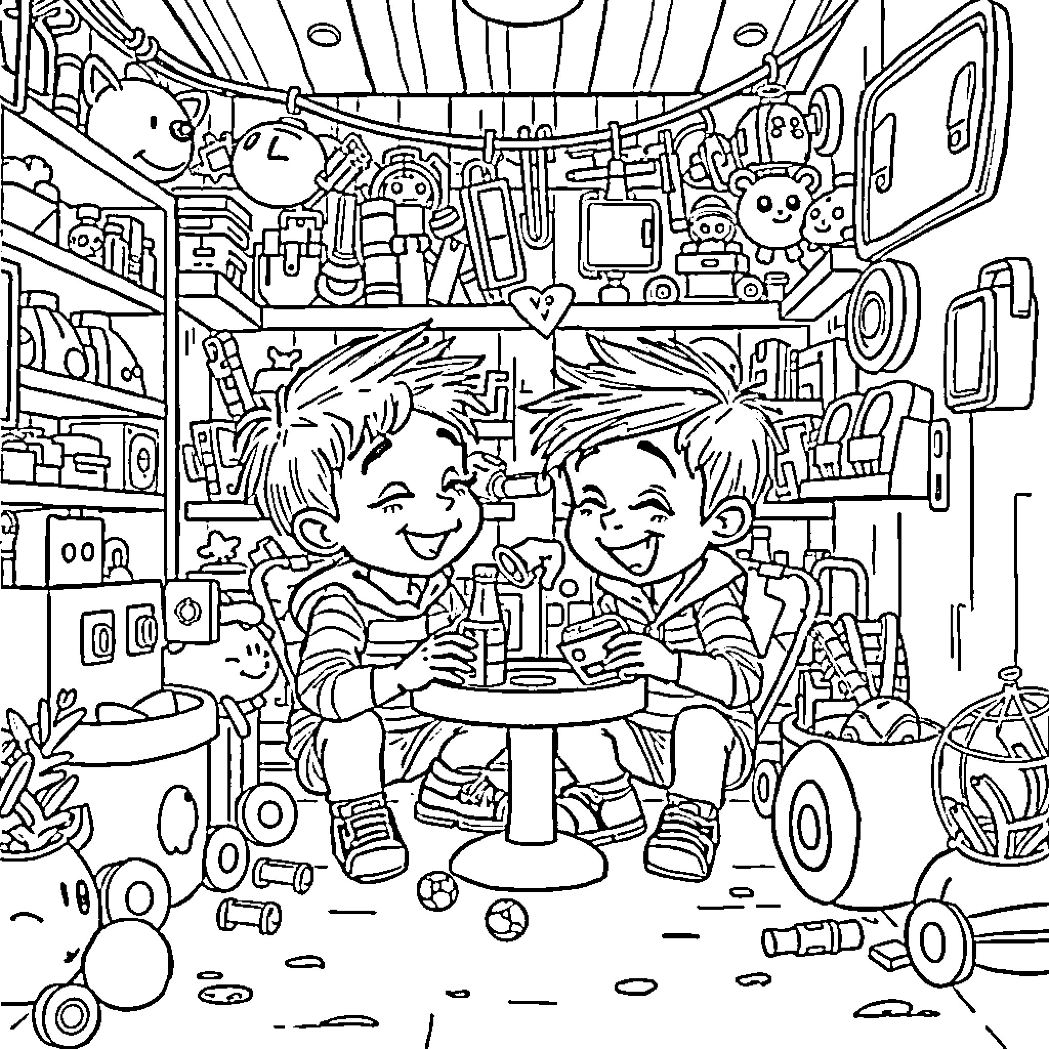 Shoto Friends Enjoying Time at Toy Store Coloring Page (free black-and-white line drawing printable PDF for all, from beginners to advanced learners, including children, teens, adults, and seniors)