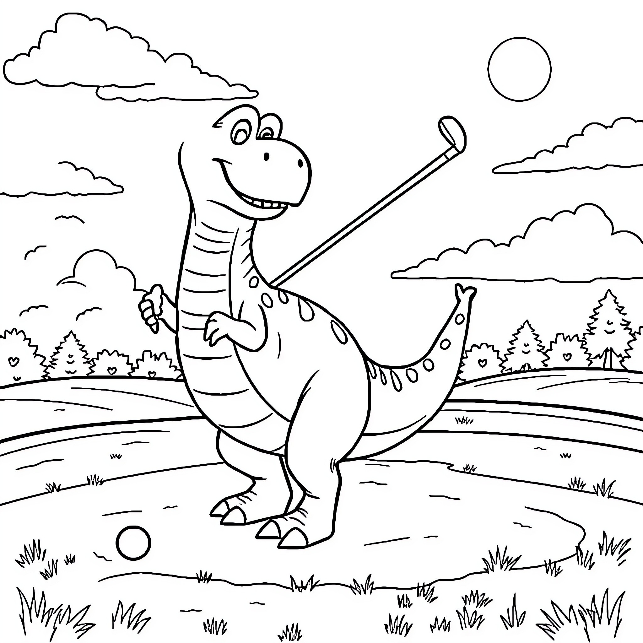 Dinosaur playing in the park Coloring Page (free black-and-white line drawing printable PDF for all, from beginners to advanced learners, including children, teens, adults, and seniors)