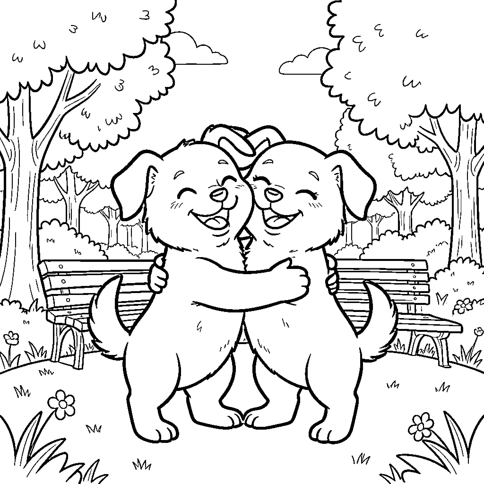 Playful Puppies in the Park Coloring Page (free black-and-white line drawing printable PDF for all, from beginners to advanced learners, including children, teens, adults, and seniors)