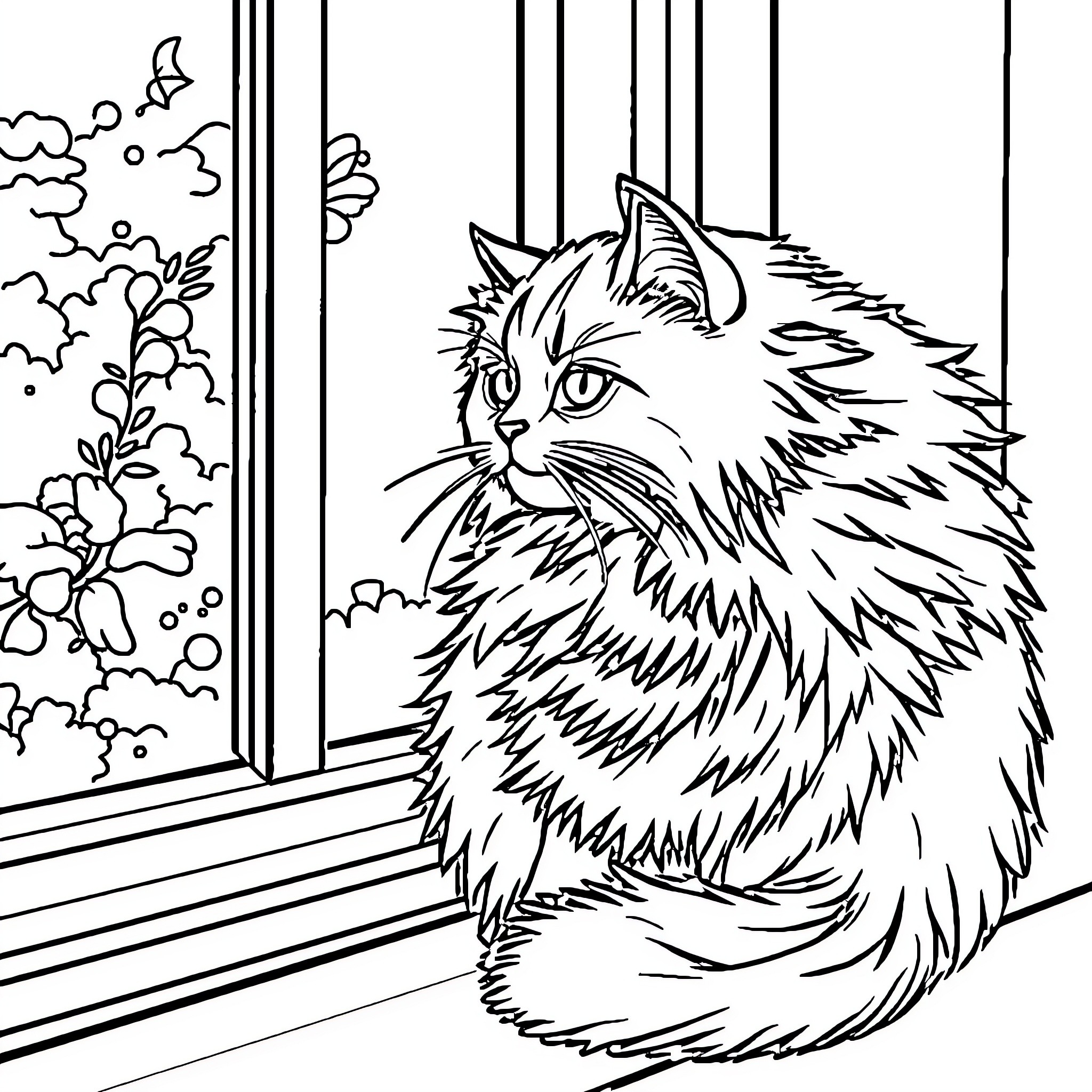 Cat gazing through window with nature view Coloring Page (free black-and-white line drawing printable PDF for all, from beginners to advanced learners, including children, teens, adults, and seniors)