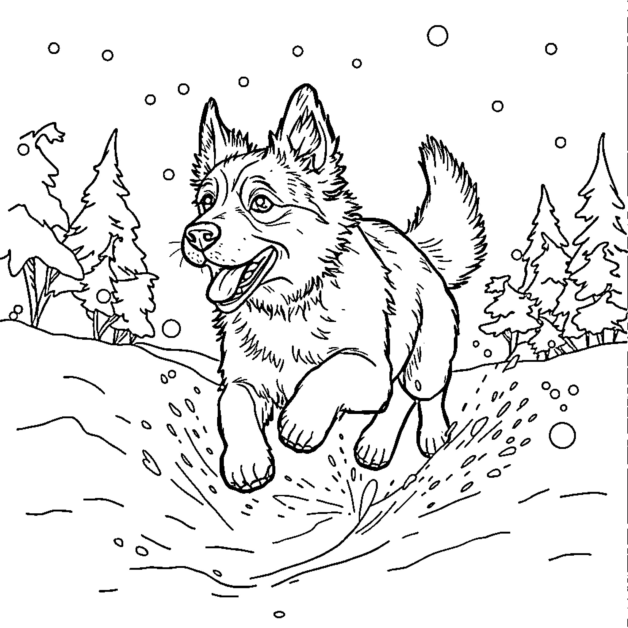 Dog running through the snowy winter forest Coloring Page (free black-and-white line drawing printable PDF for all, from beginners to advanced learners, including children, teens, adults, and seniors)